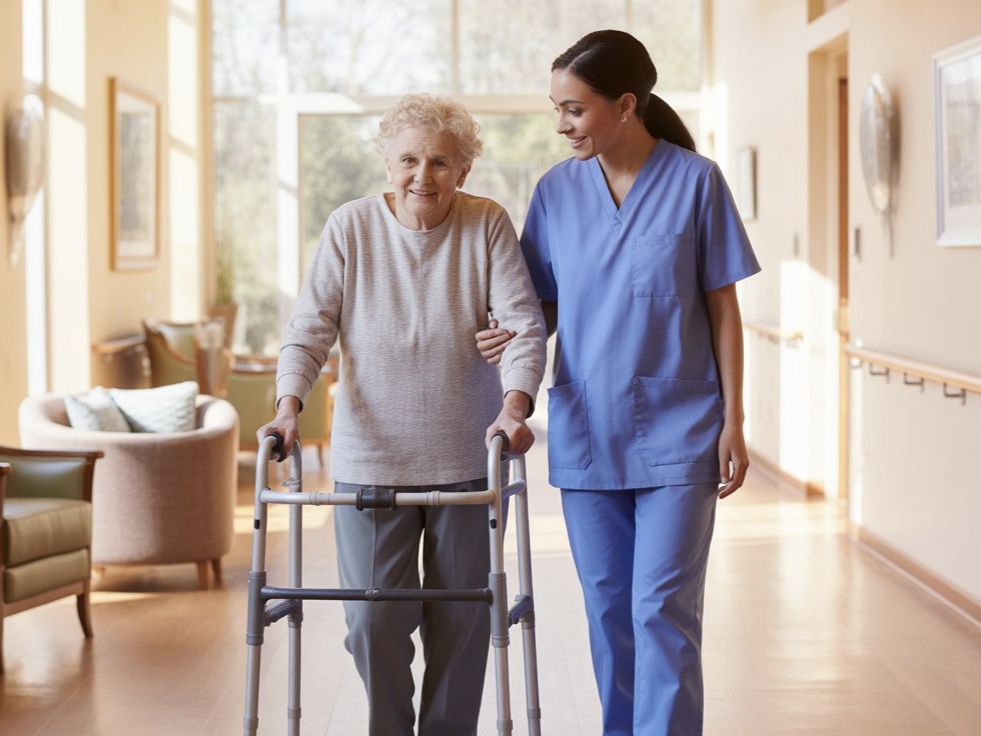 Nurse assisting elderly resident in clean assisted living hallway