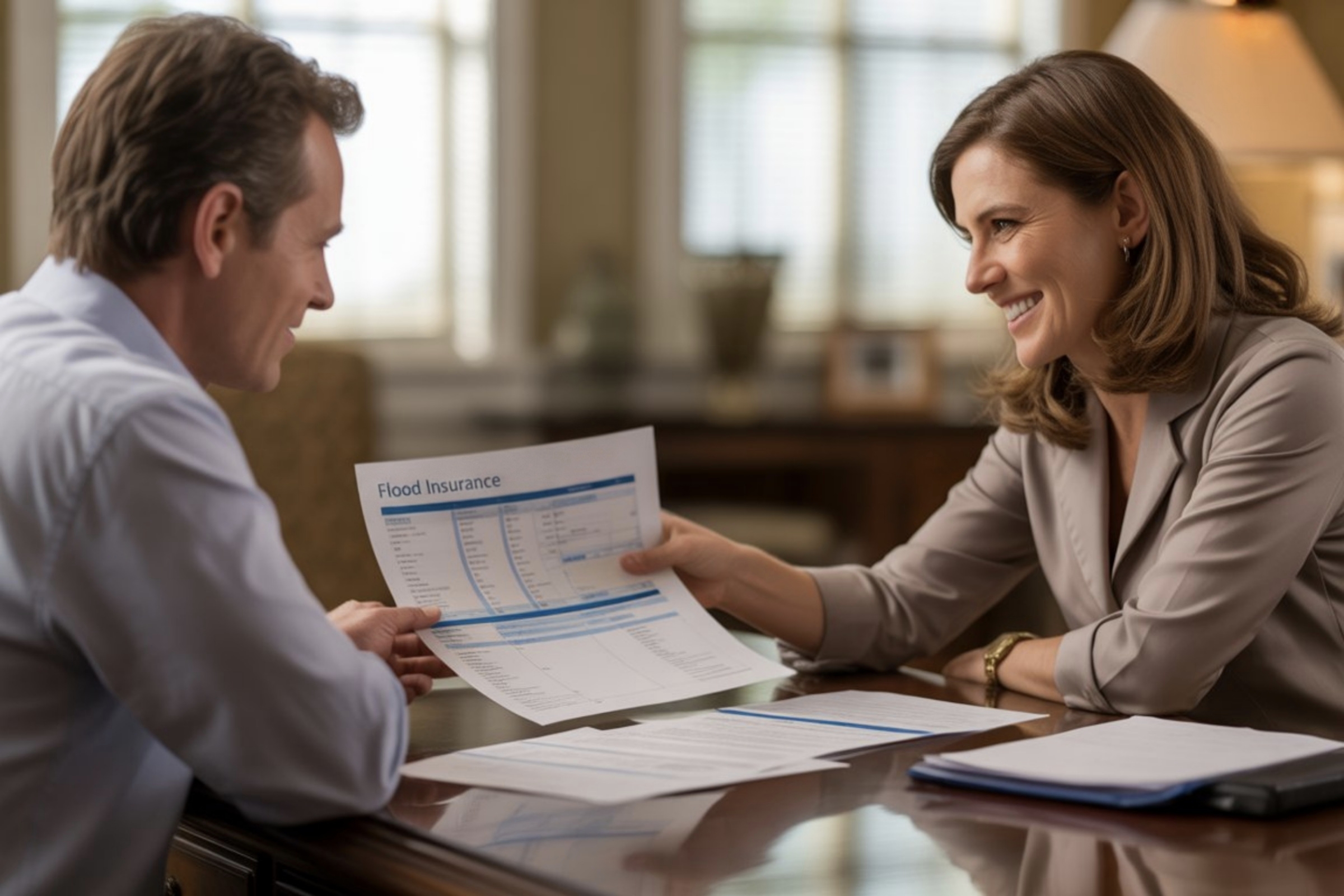 Homeowner meeting with insurance advisor about flood coverage