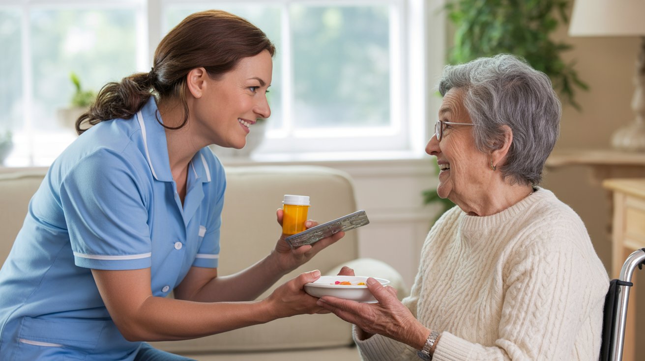 In-home caregiver helping elderly person with daily activities