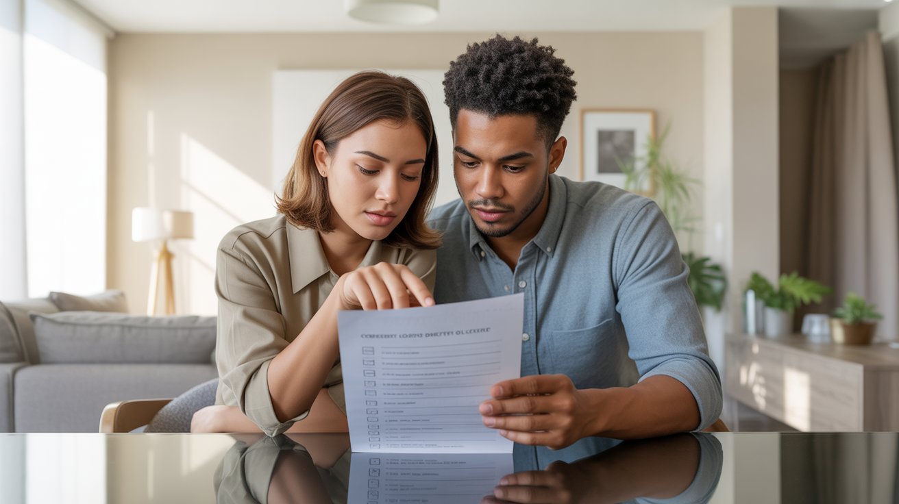Young couple reviewing renters insurance in their apartment