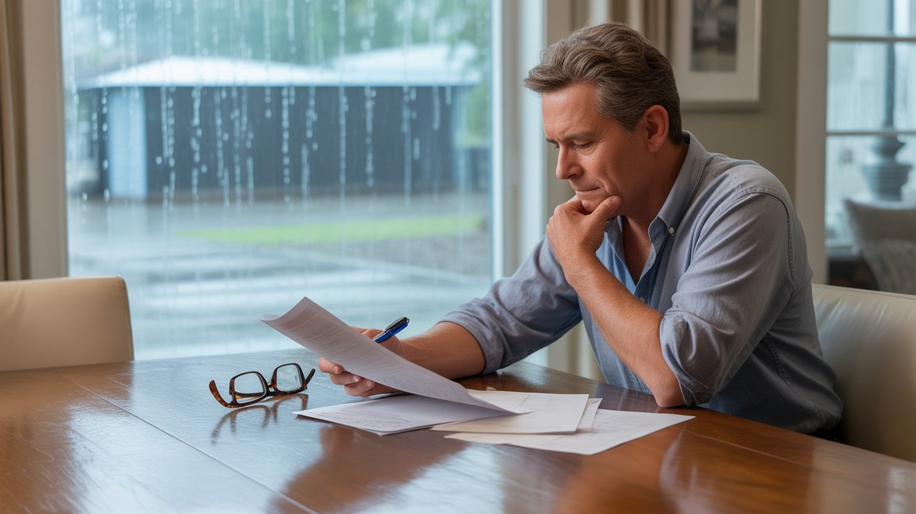 Homeowner reviewing flood insurance documents near rainy window