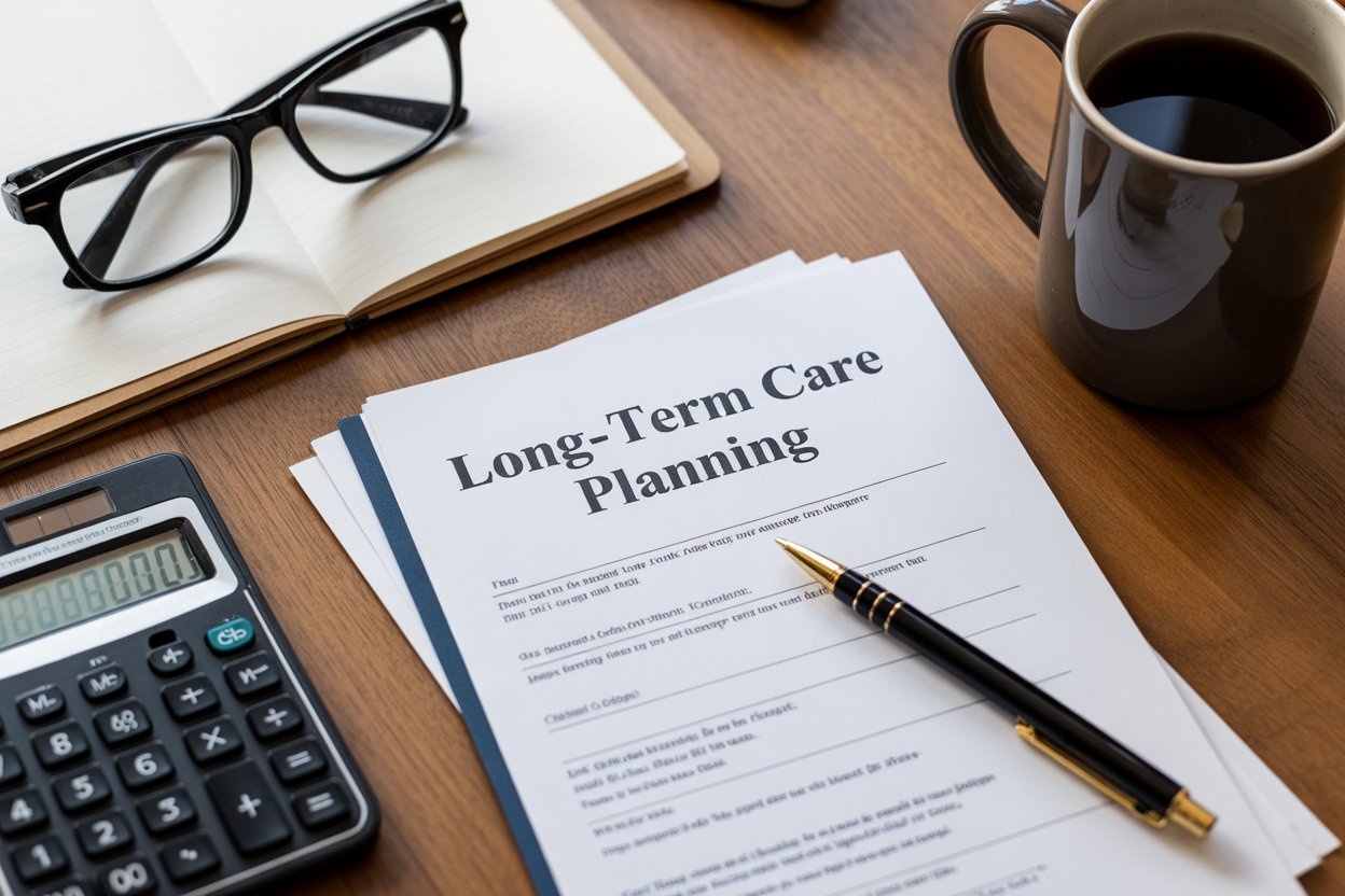 Long-term care planning documents, calculator, glasses, and coffee cup on wooden table