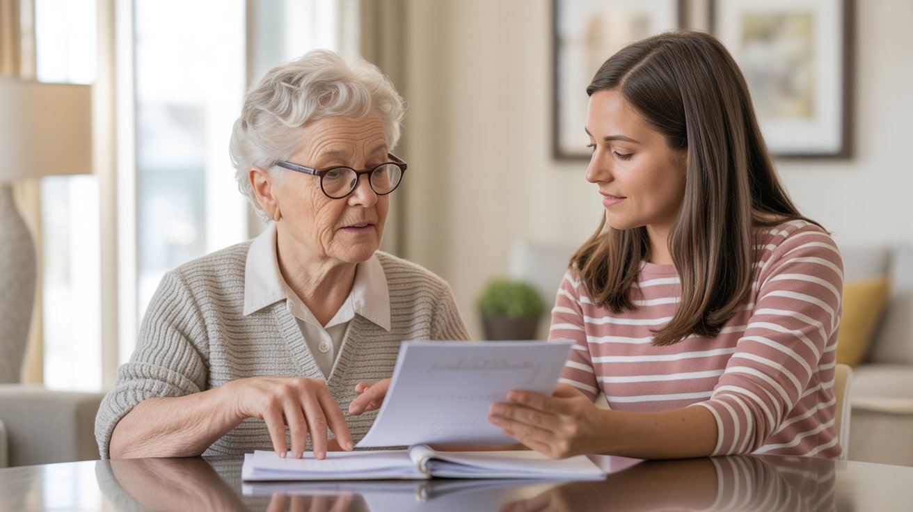 Adult daughter reviewing long-term care planning documents with elderly parent at home