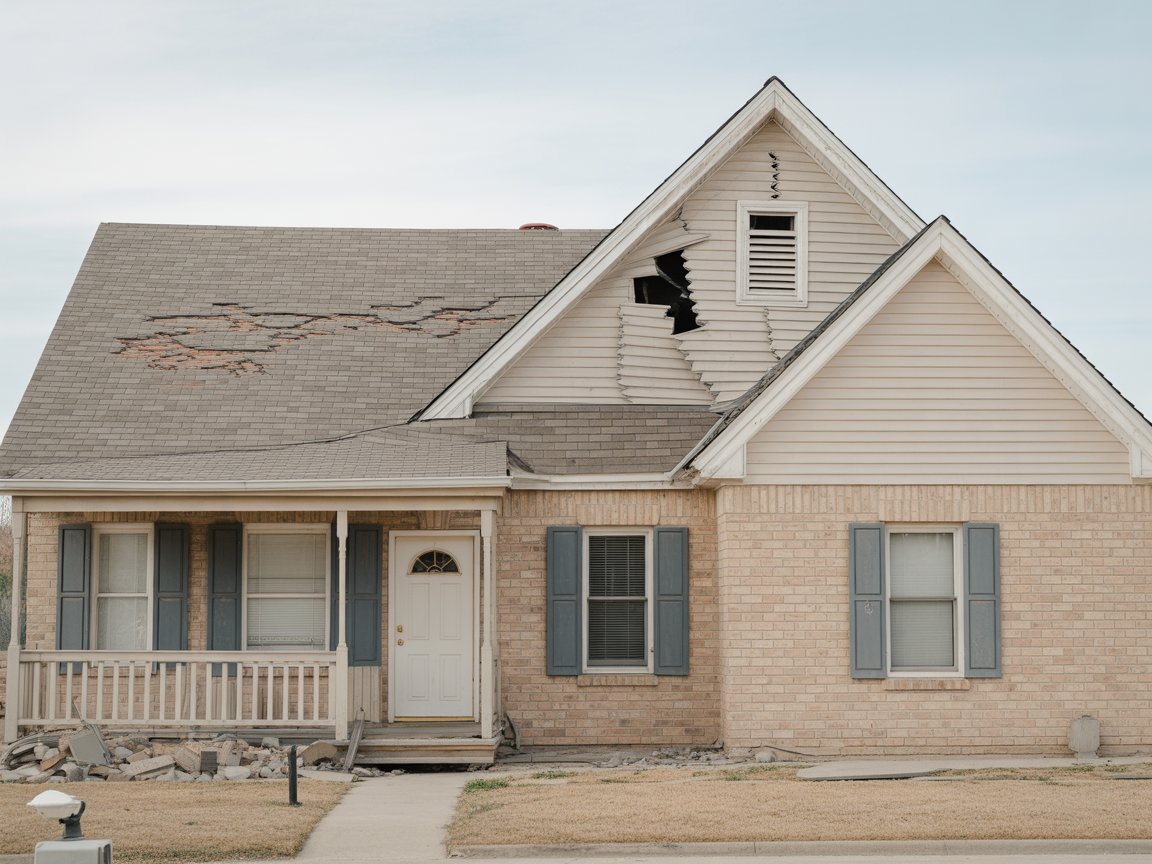 Suburban home with earthquake-related structural damage