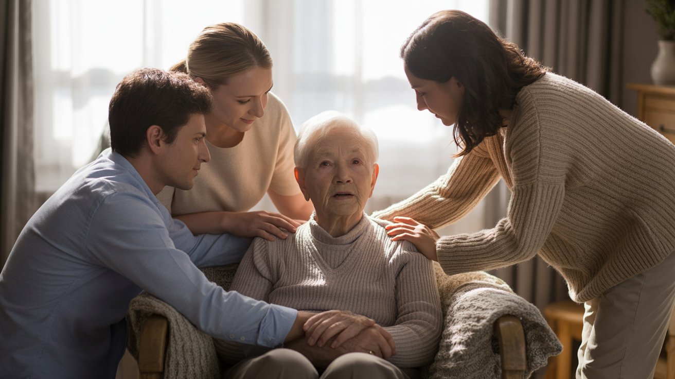 Family supporting an elderly parent while reviewing final expense plans