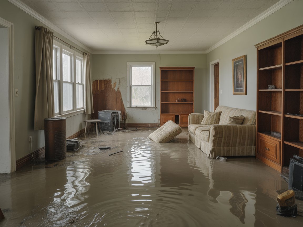 Water damaged living room floor after flooding