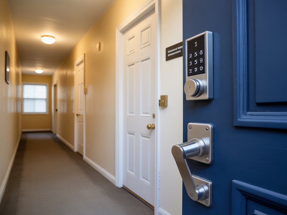 Secure apartment building entrance representing renters insurance liability protection