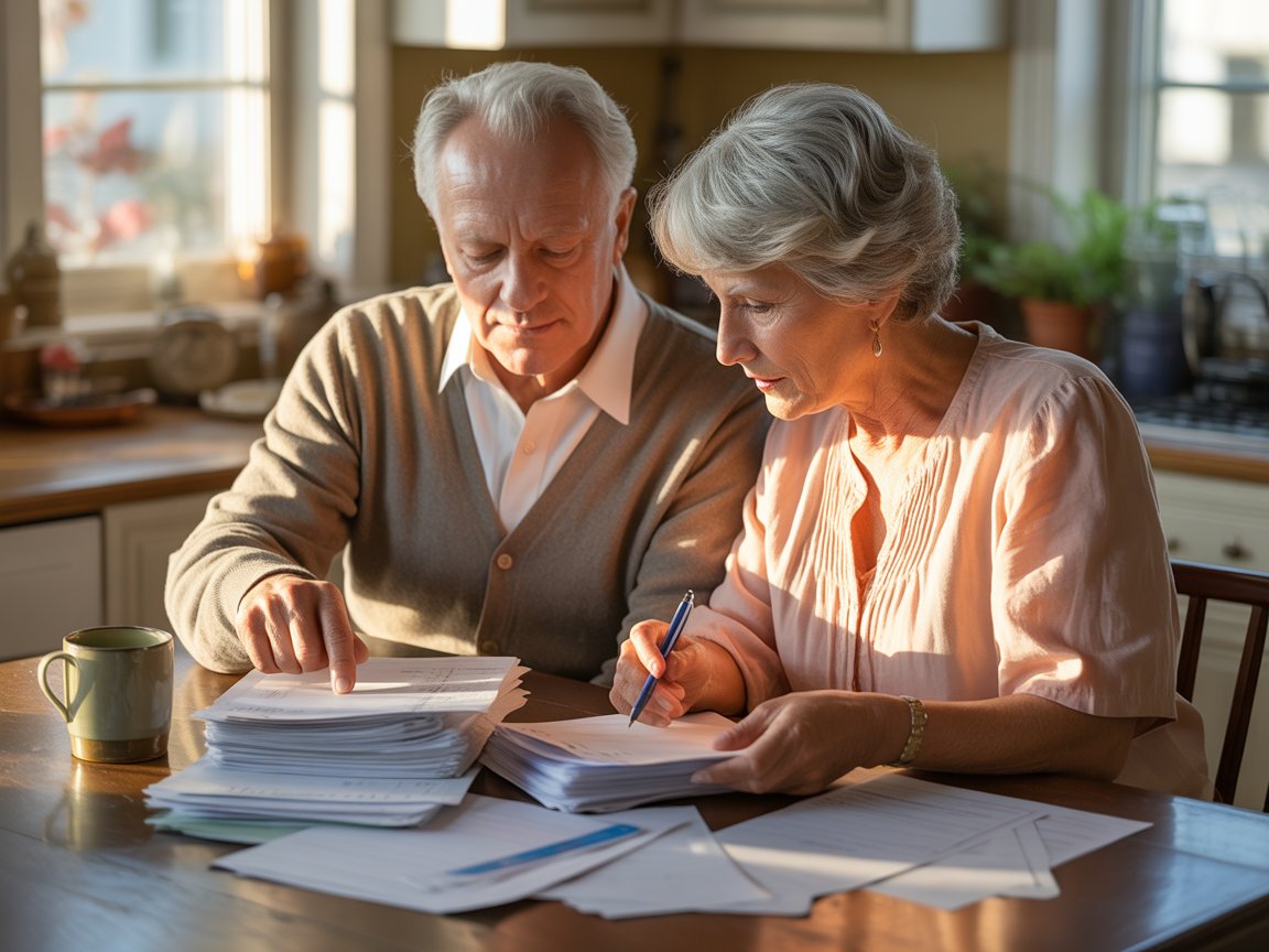 Senior couple reviewing long-term medical costs and Medigap premiums at home