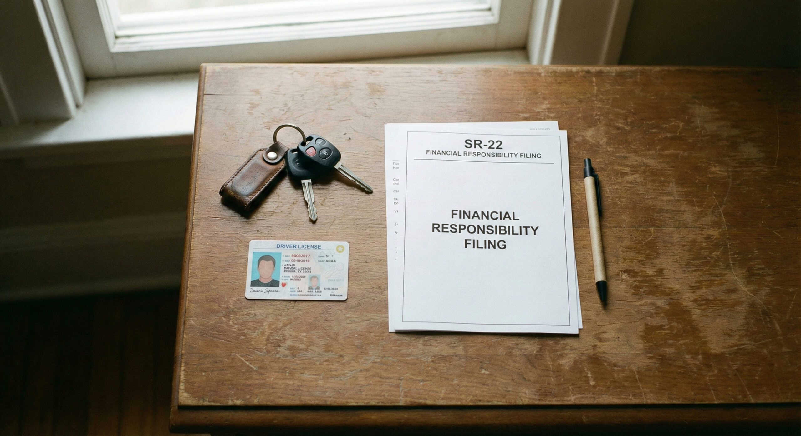 SR-22 form, driver's license, and keys on a wooden table