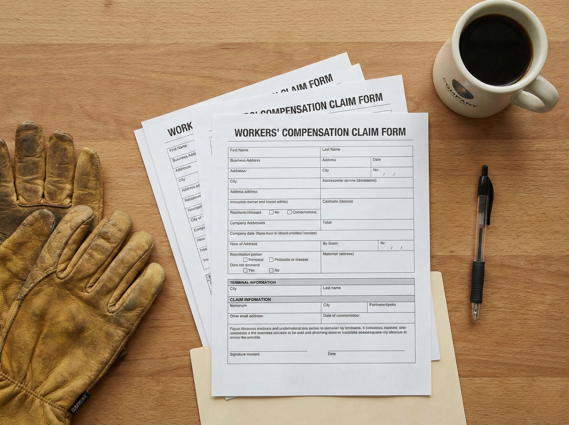 Workers’ compensation forms and safety equipment arranged neatly on a desk