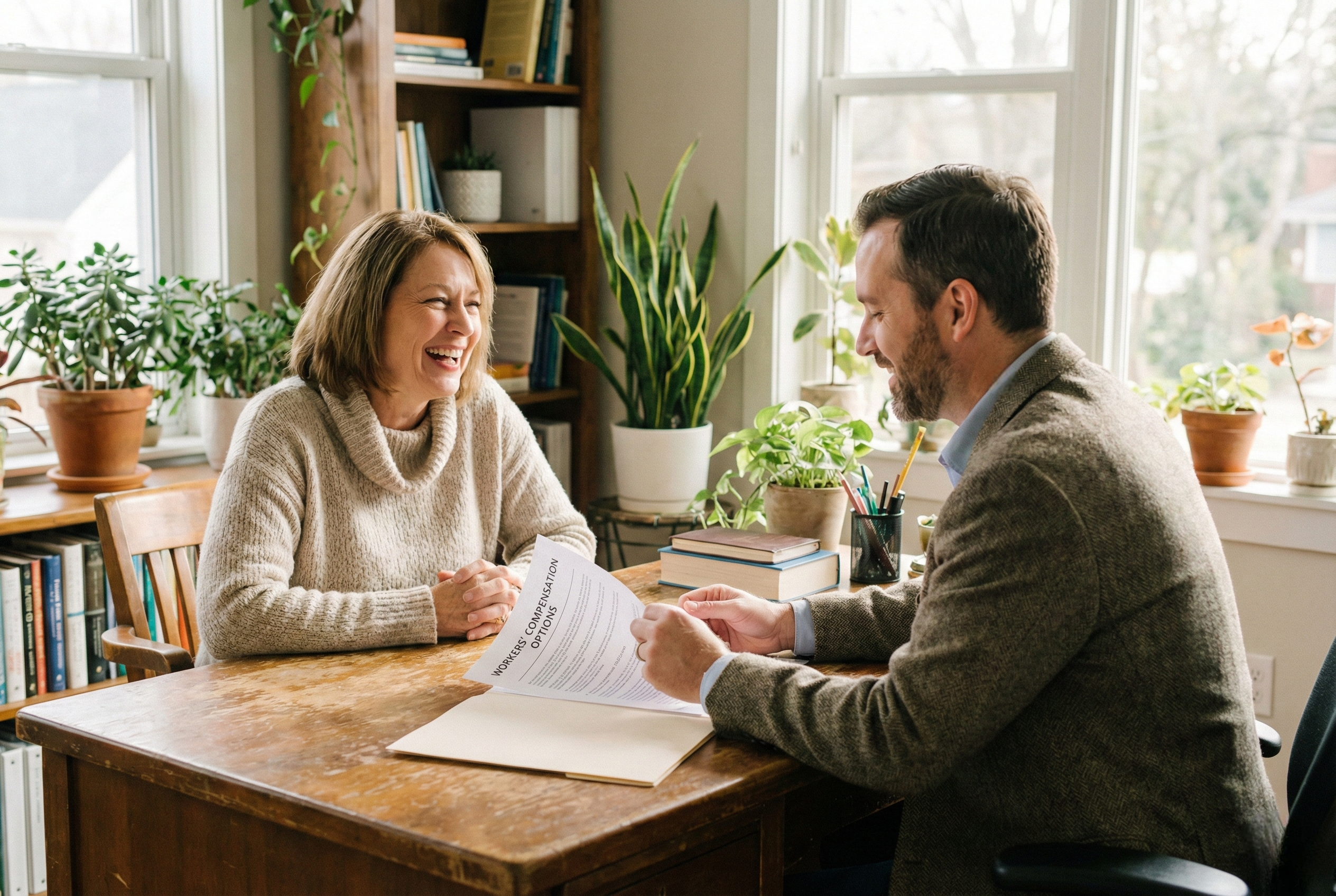 Business owner reviewing workers’ compensation coverage options with an insurance advisor