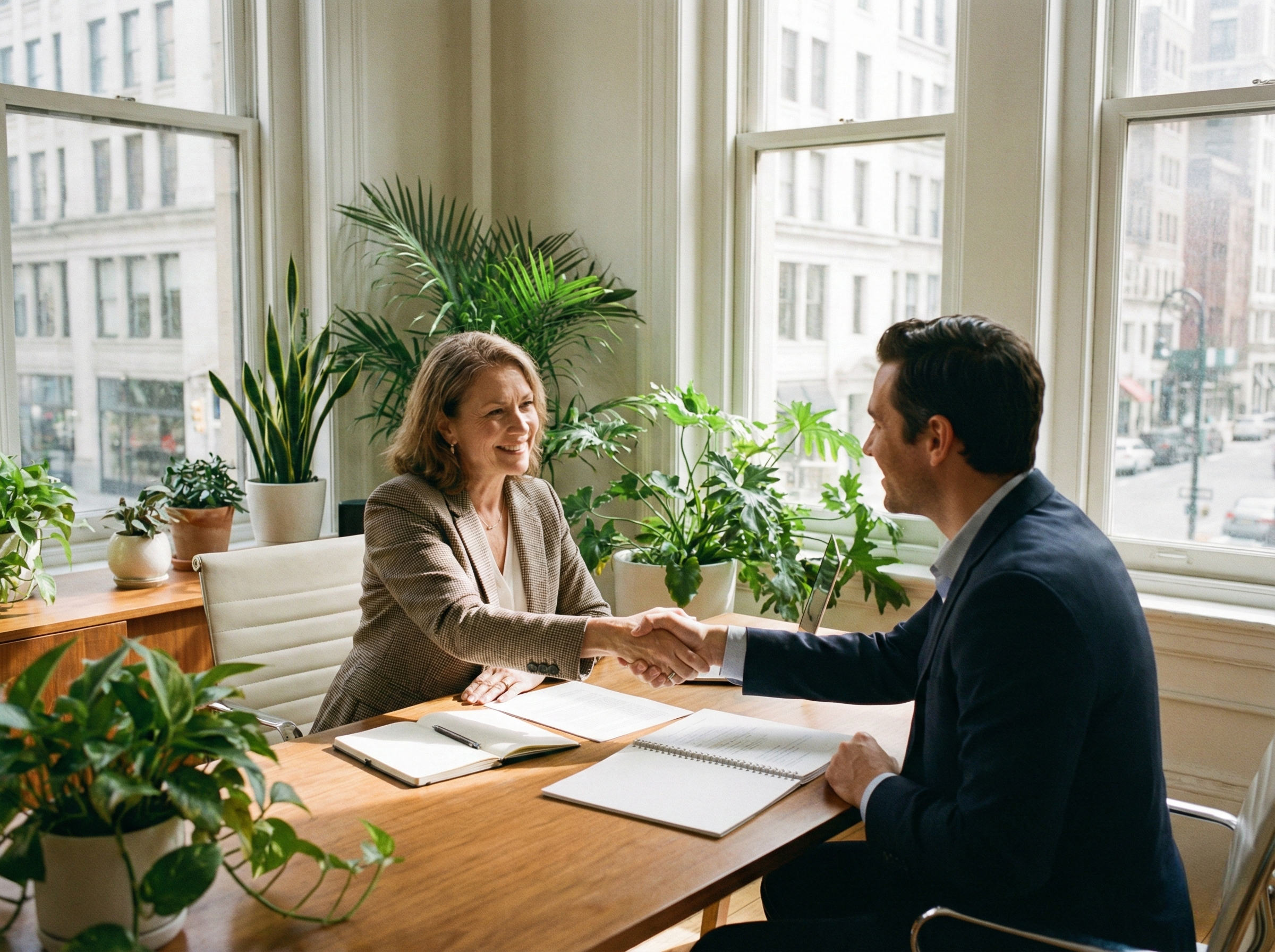 Business continuity and risk charts placed neatly on a wooden desk alongside glasses and pens.