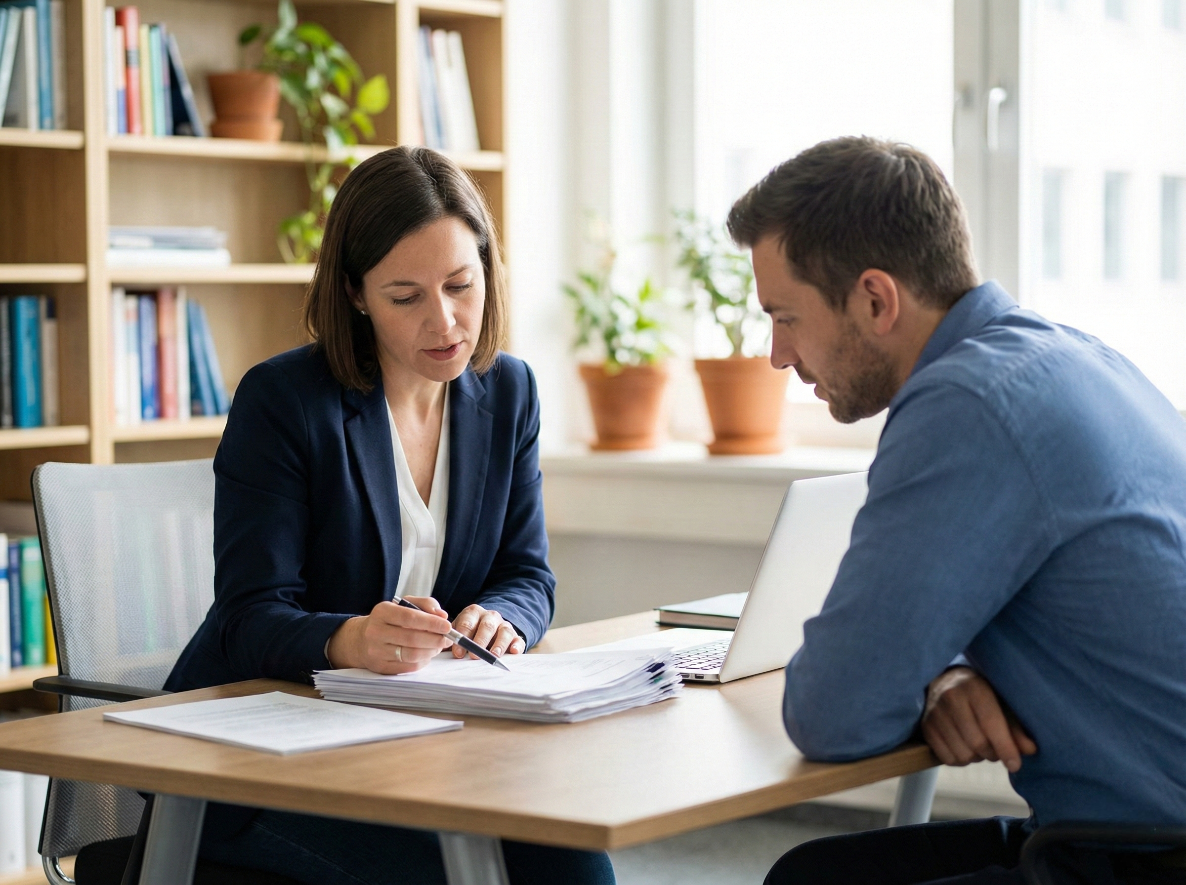 A small business owner reviewing property insurance documents with an insurance agent at a desk.