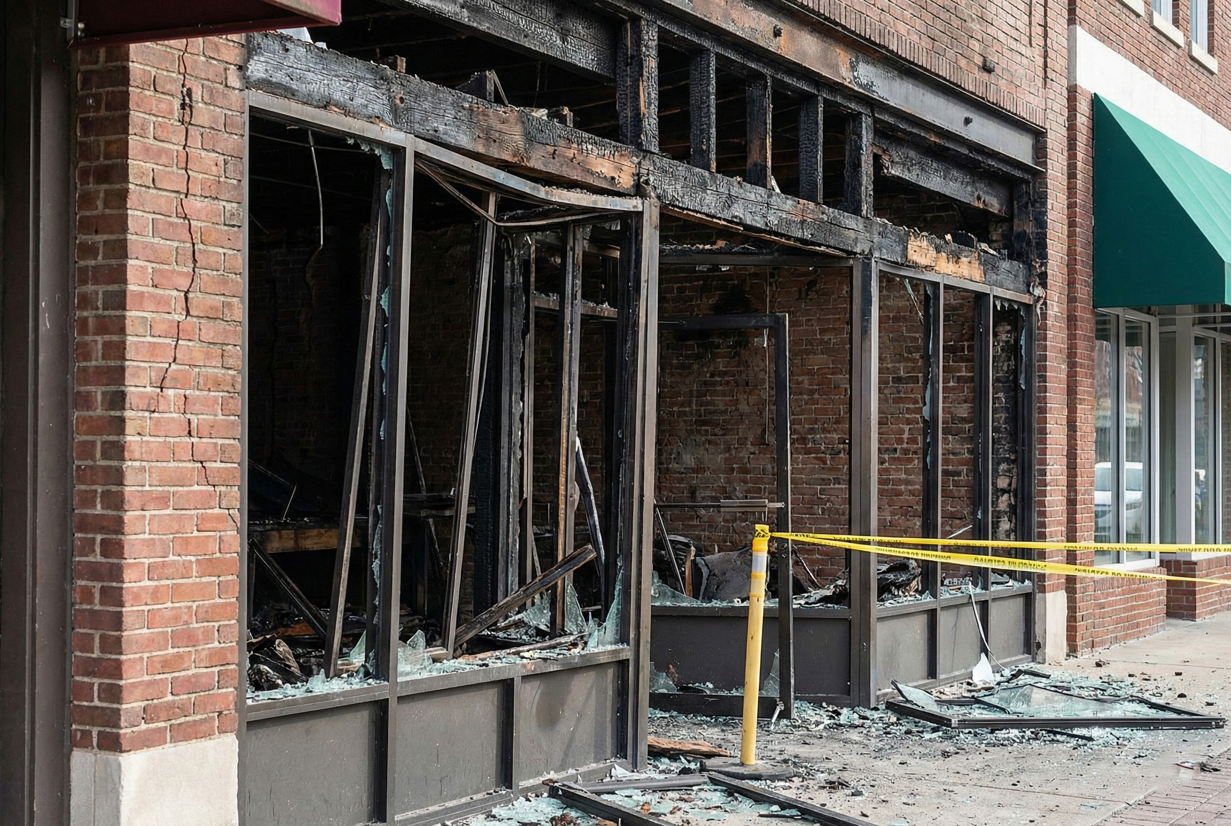 A storefront with visible storm damage being inspected from the exterior after a weather event.