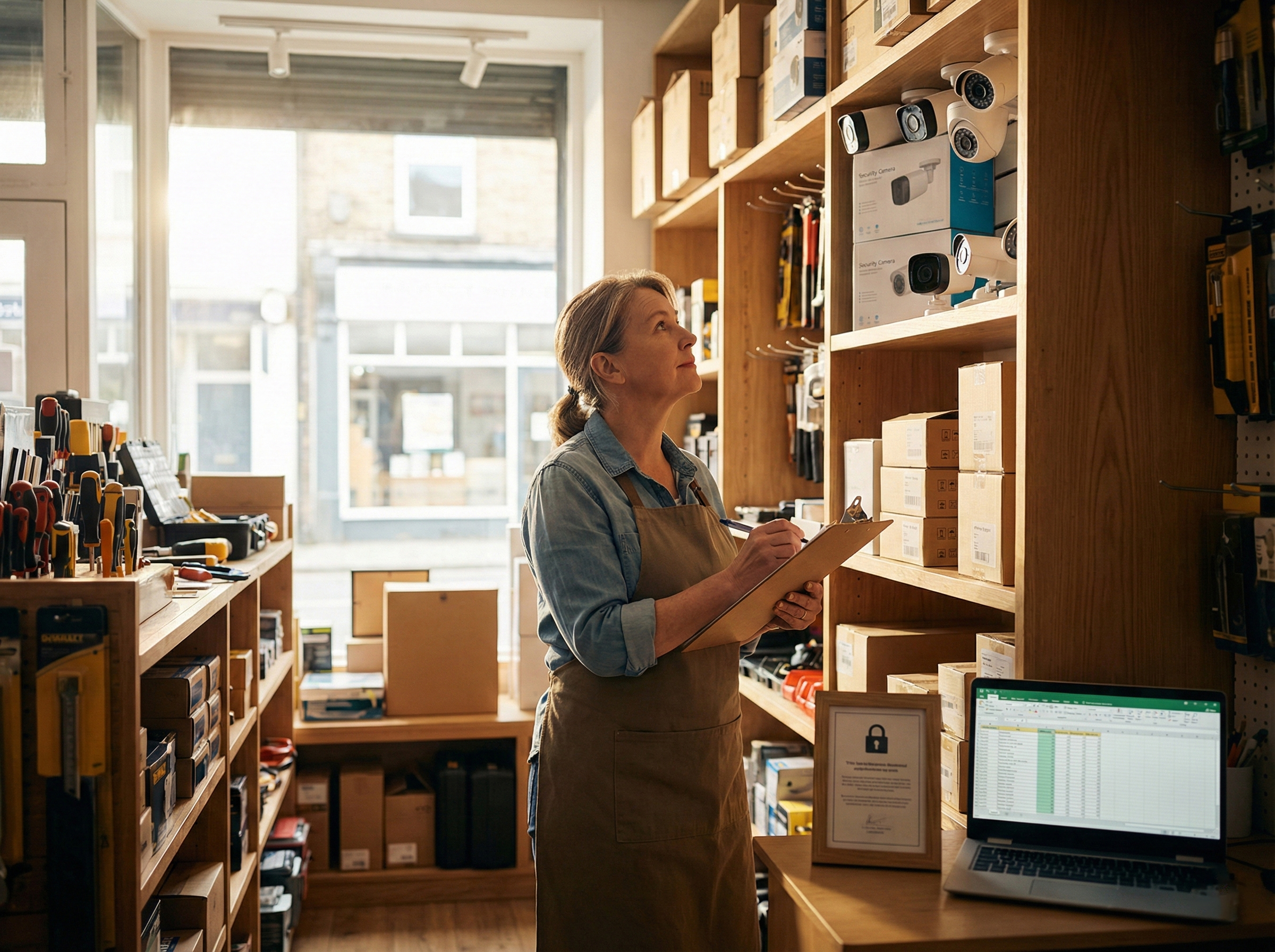 A shop owner checking inventory inside a retail store near shelving and equipment.