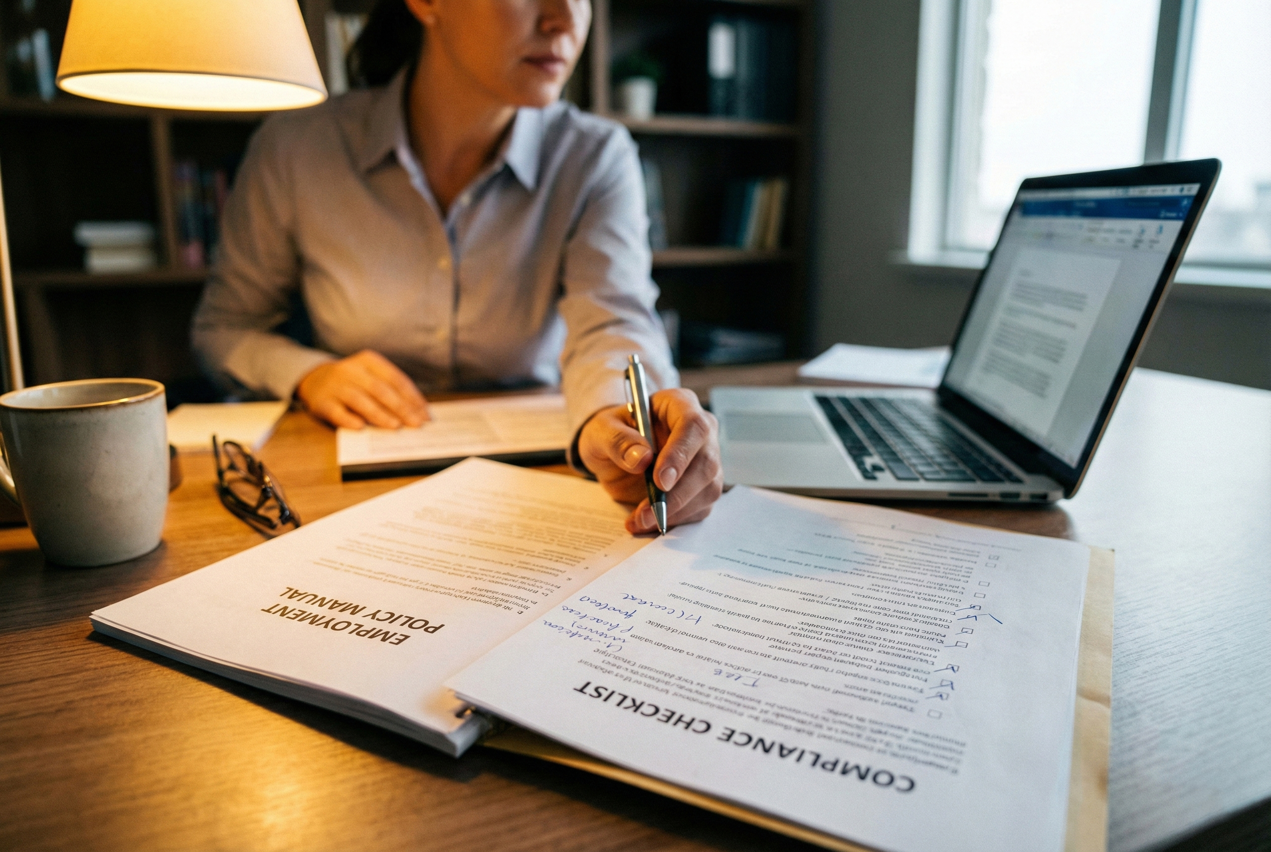 Employment law documents and compliance checklist being reviewed in a workplace setting