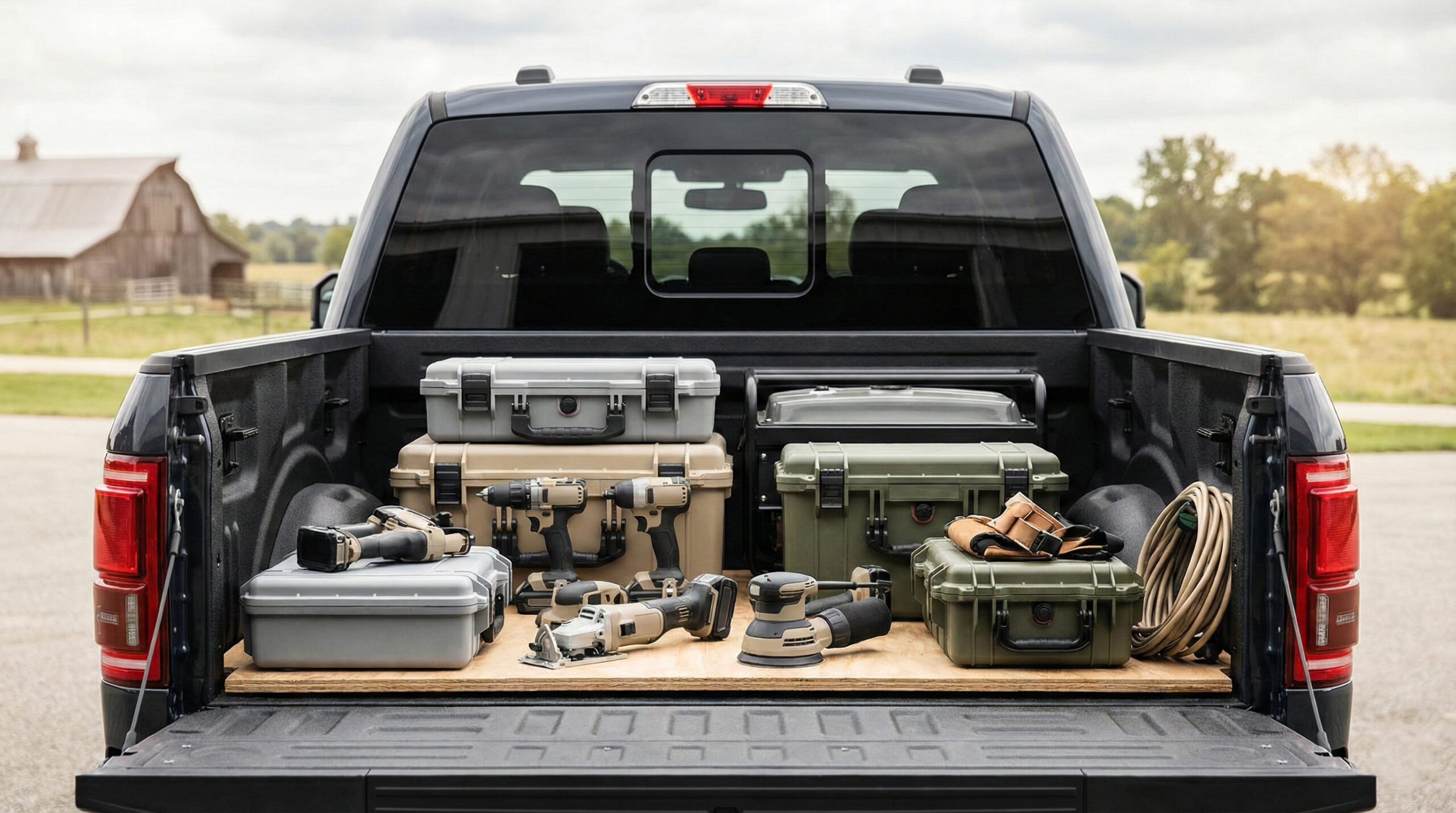 Contractor tools and organized equipment cases loaded into a service truck before travel.