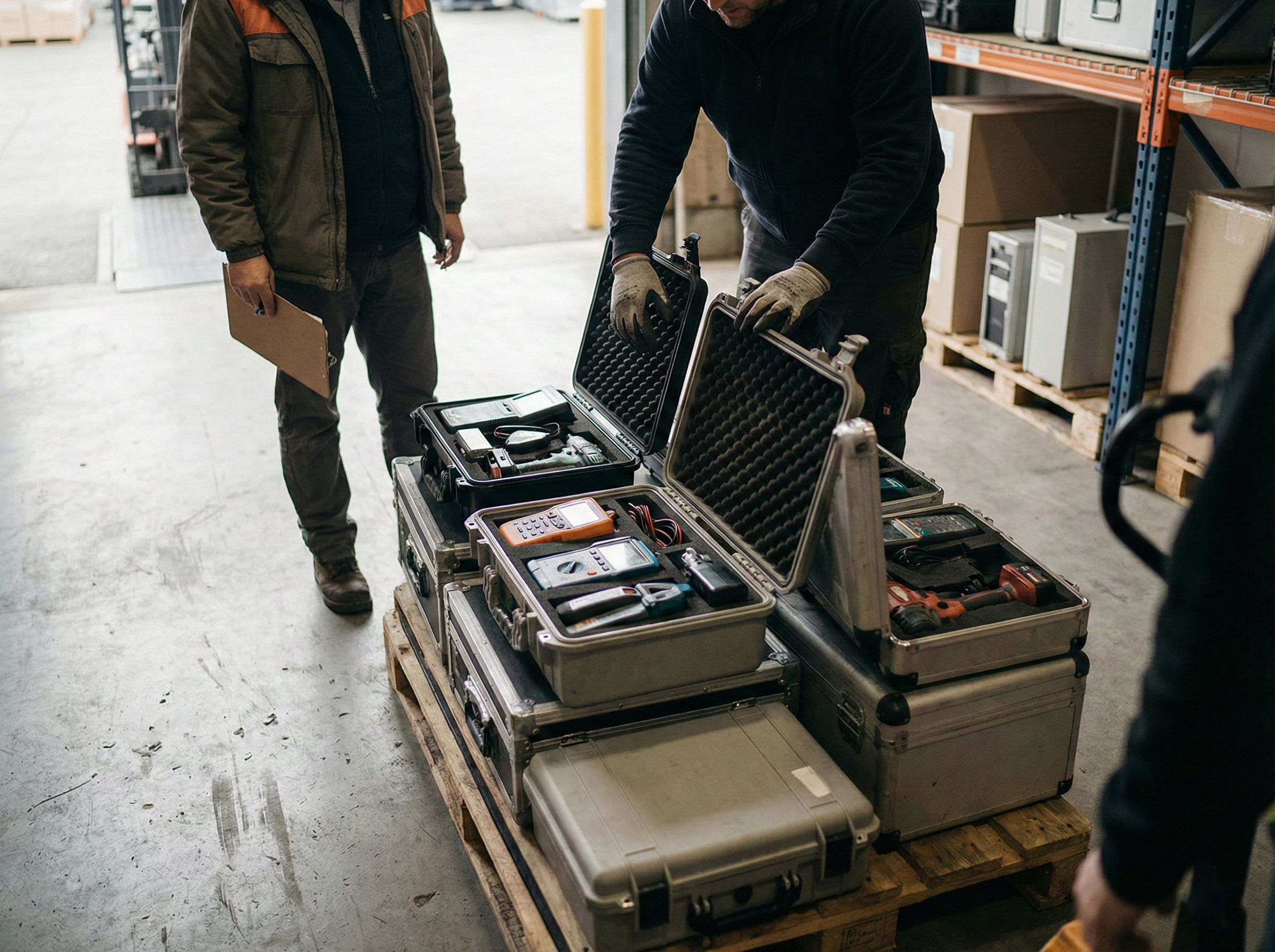 Portable business equipment, tool cases, and diagnostic gear arranged on a workshop floor before transport.