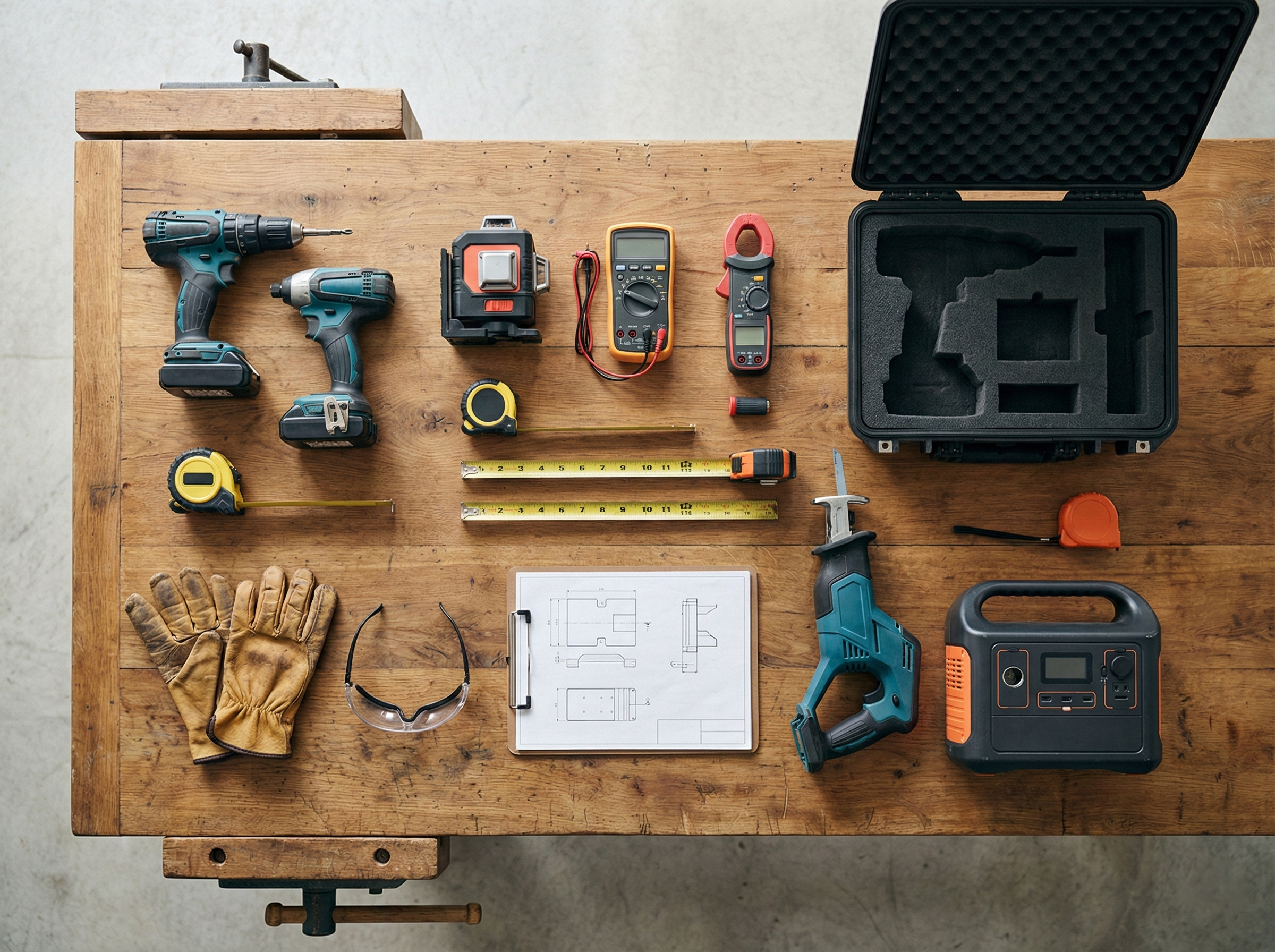 Multiple pieces of contractor and service equipment placed in the back of a work van, organized for transit safety.