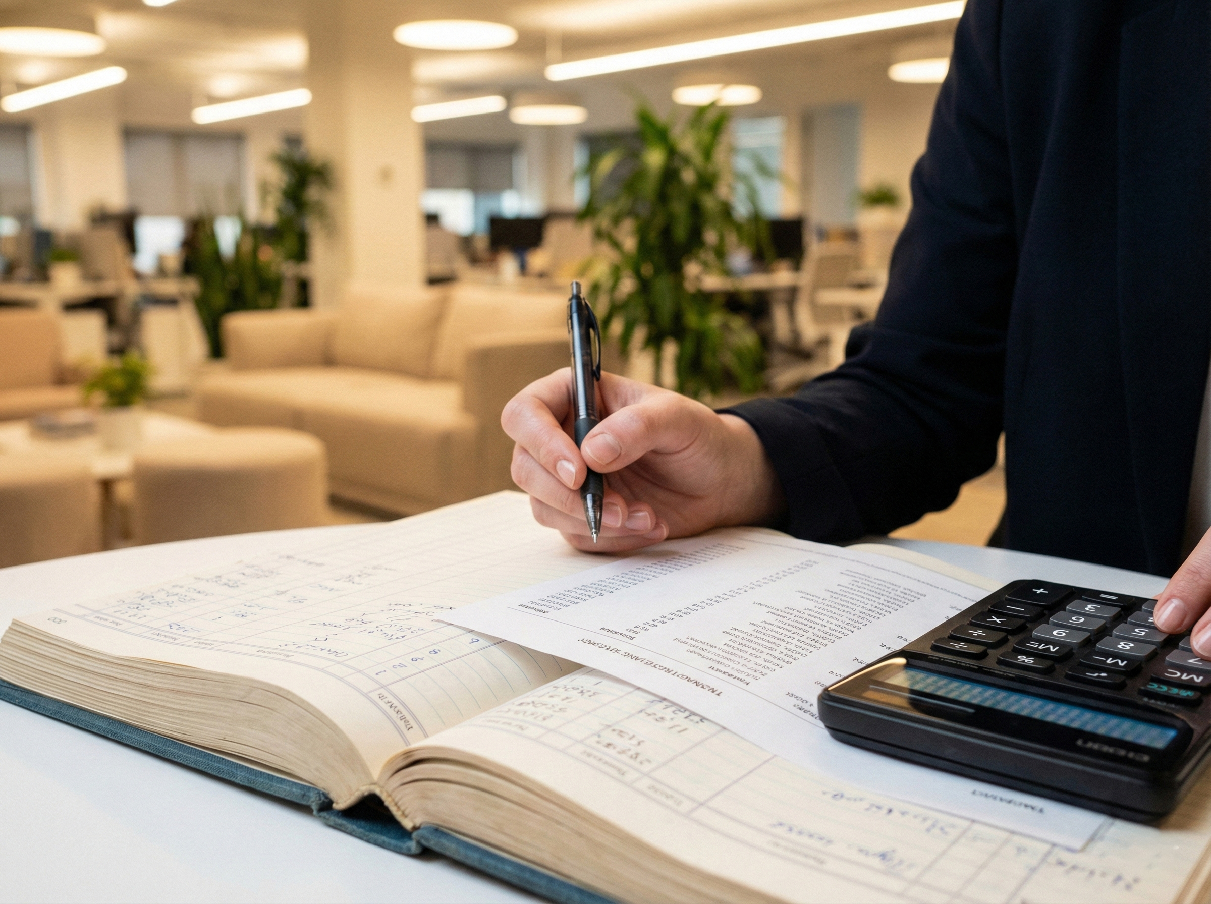 Employee reviewing financial ledgers and transaction records with a calculator and pen.