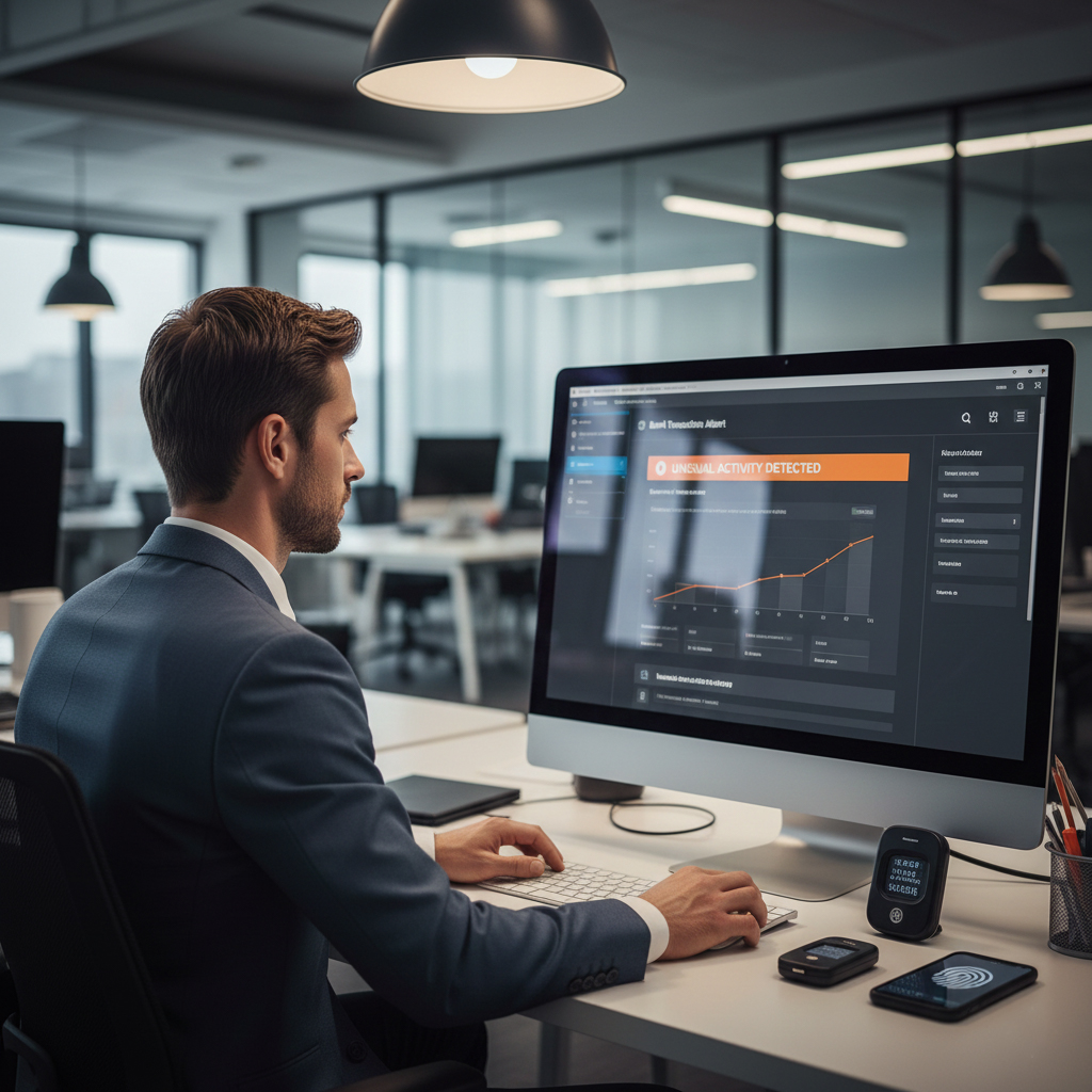 Finance manager monitoring a bank transaction alert on a computer screen with an authentication device nearby.