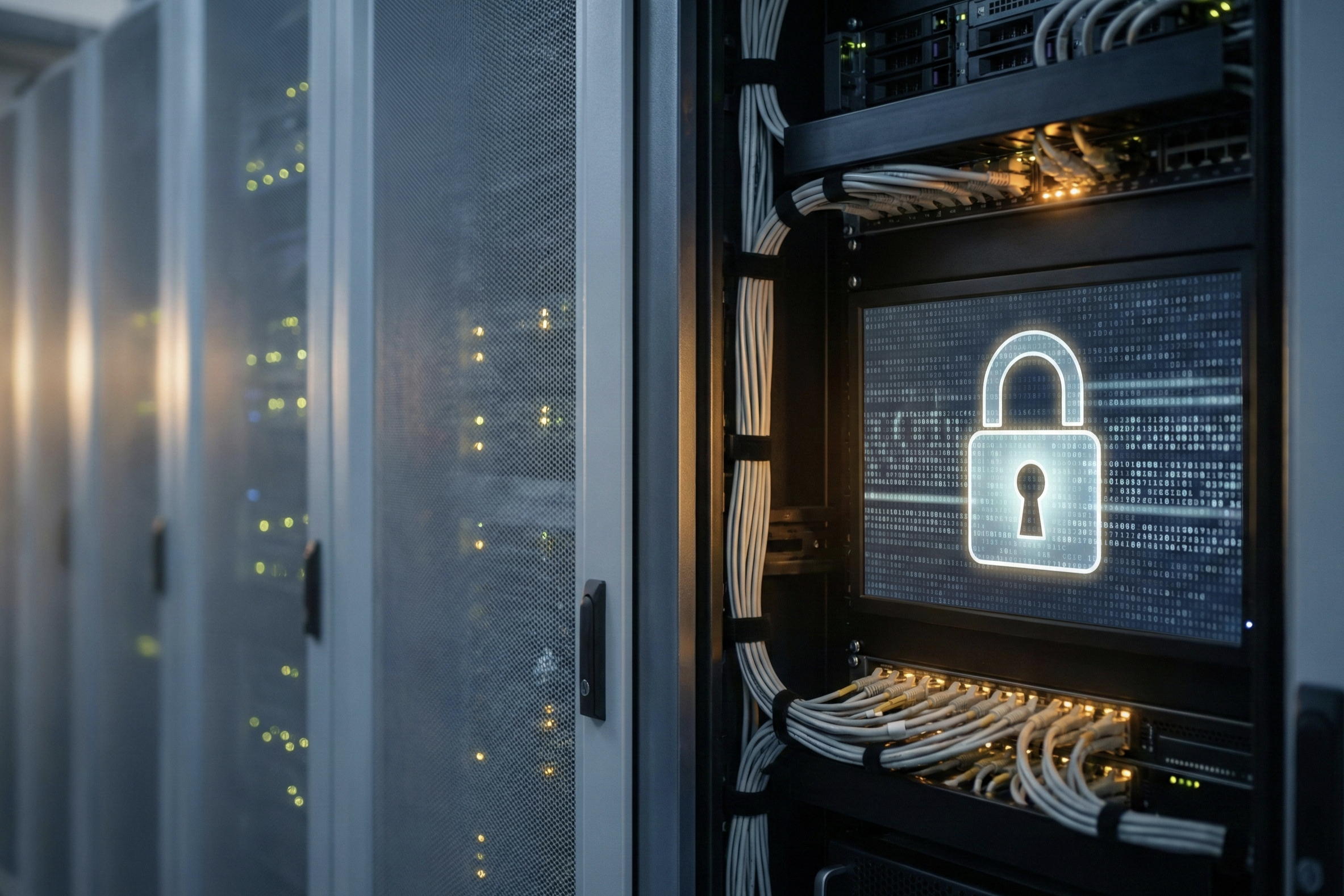 Secure data center server racks with network cables and a digital lock icon indicating cybersecurity protection