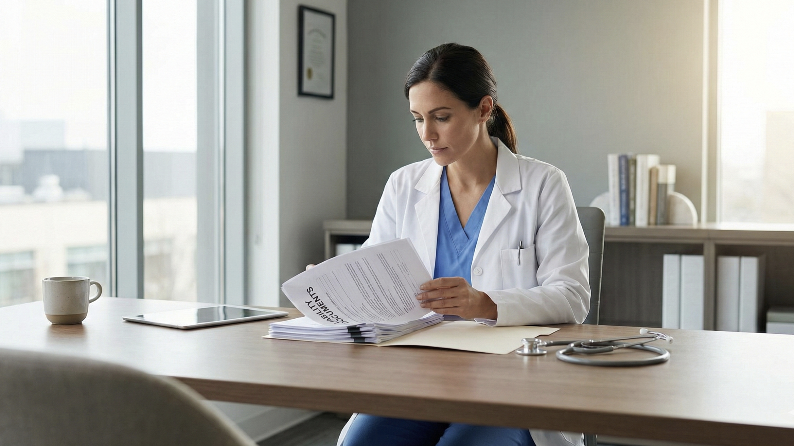 A doctor reviewing medical malpractice documents with an insurance advisor in a bright office