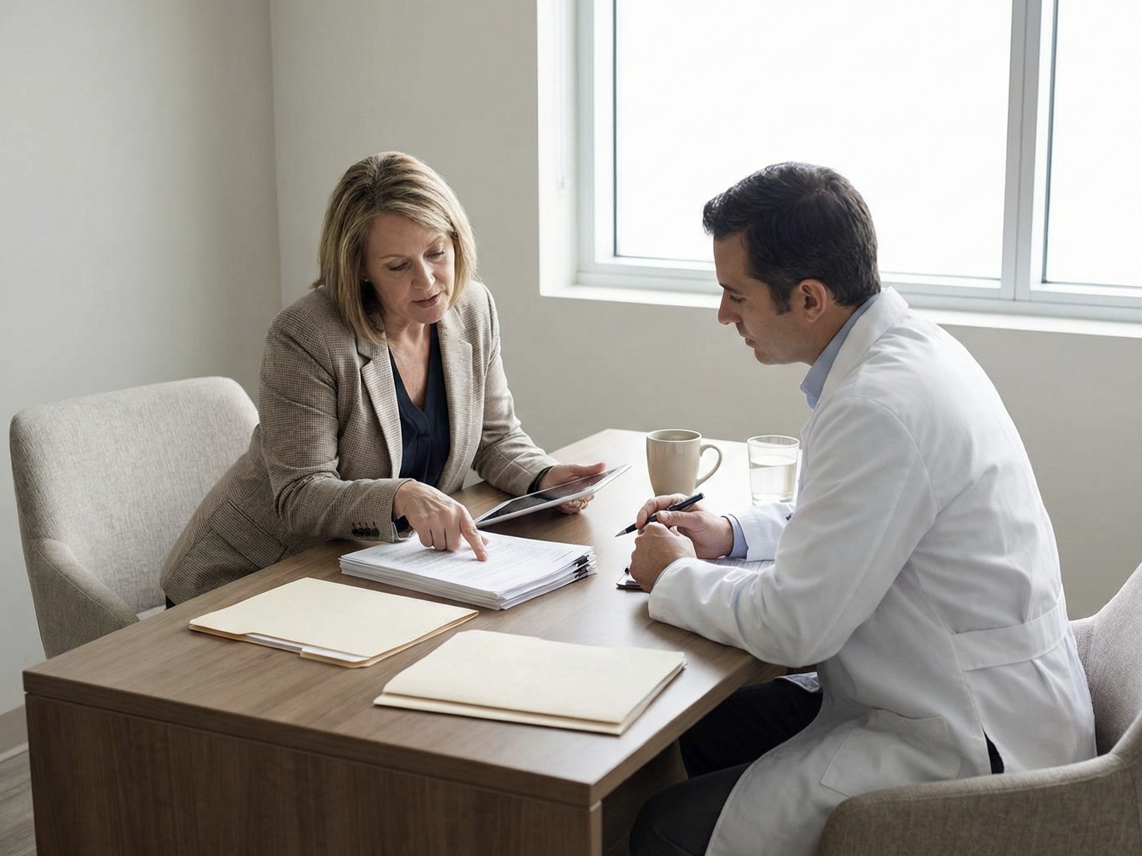 A doctor discussing malpractice paperwork with a professional insurance advisor in a bright office setting