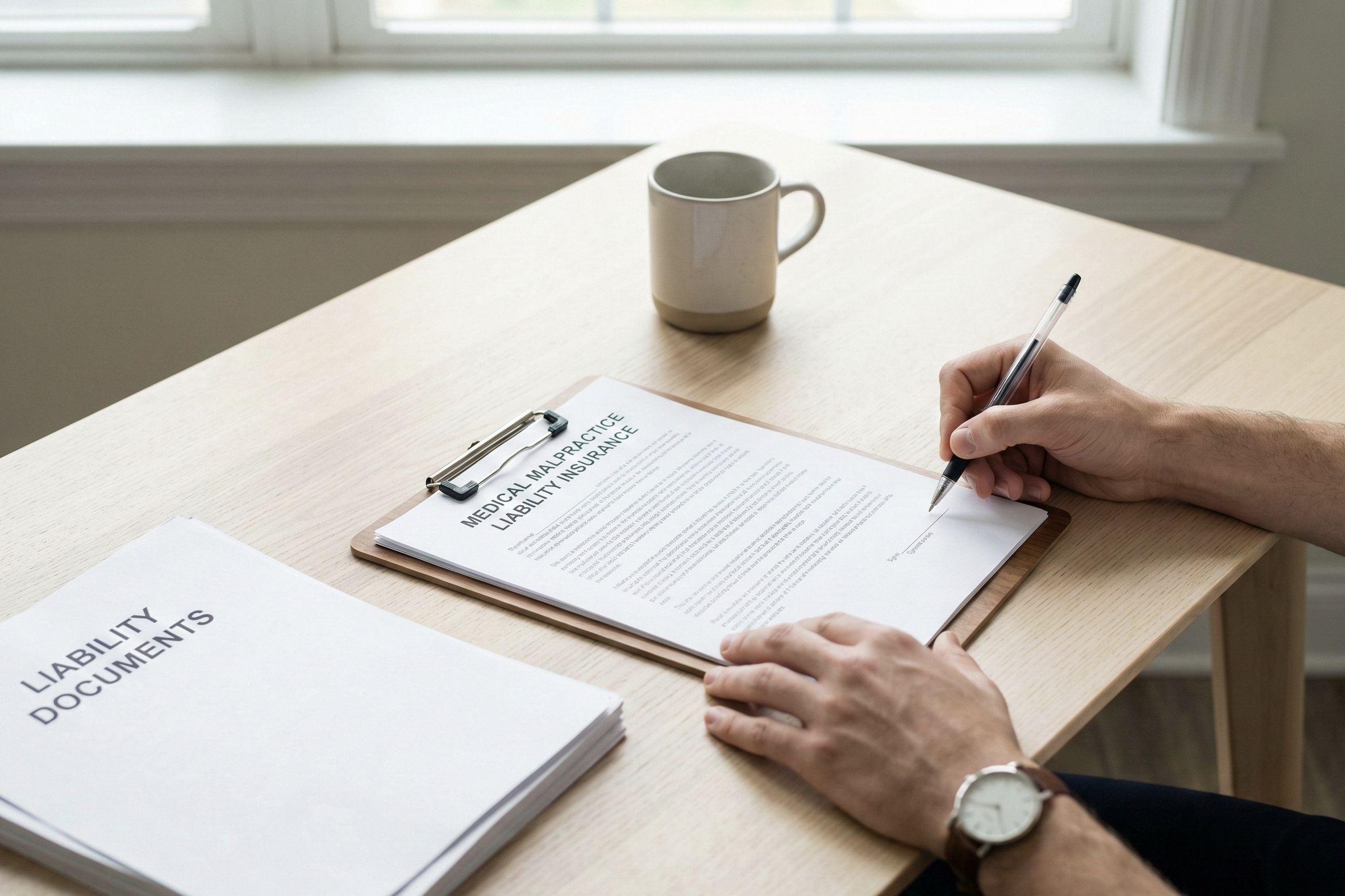 A confident medical professional sitting in an office, representing the importance of malpractice coverage and professional protection