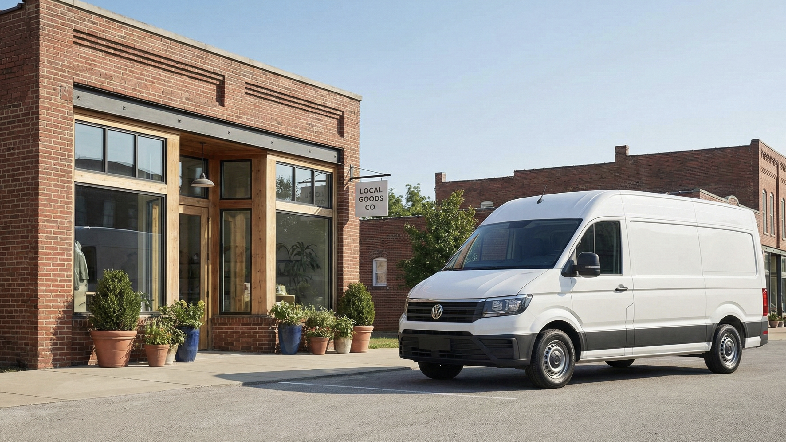A clean editorial-style photograph of a white commercial work van parked outside a business building on a sunny day.
