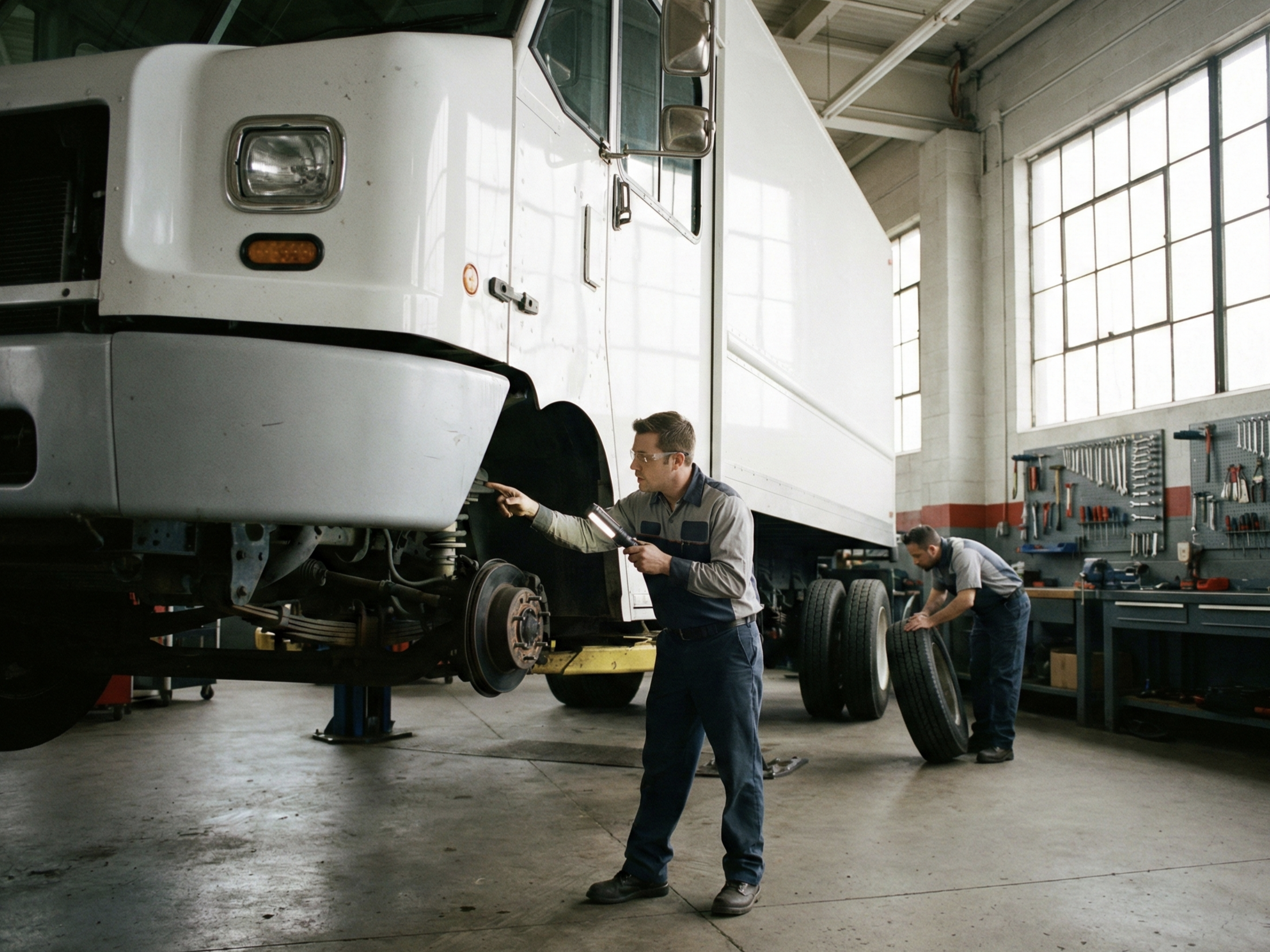 A delivery truck being inspected in a service garage by a mechanic checking safety and engine components.