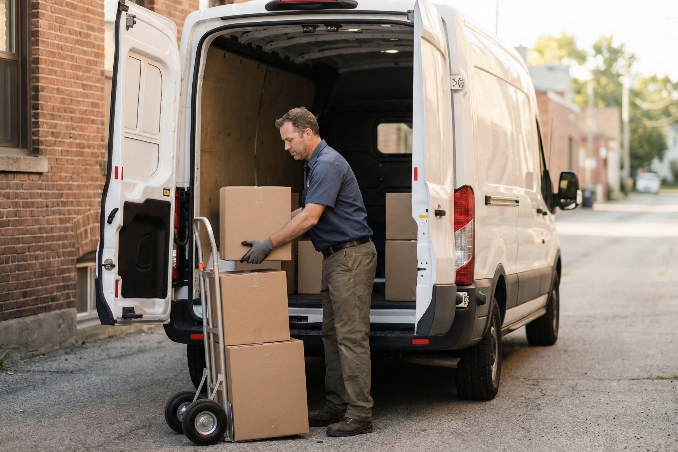 A delivery driver loading packages into a white cargo van during daytime business operations.