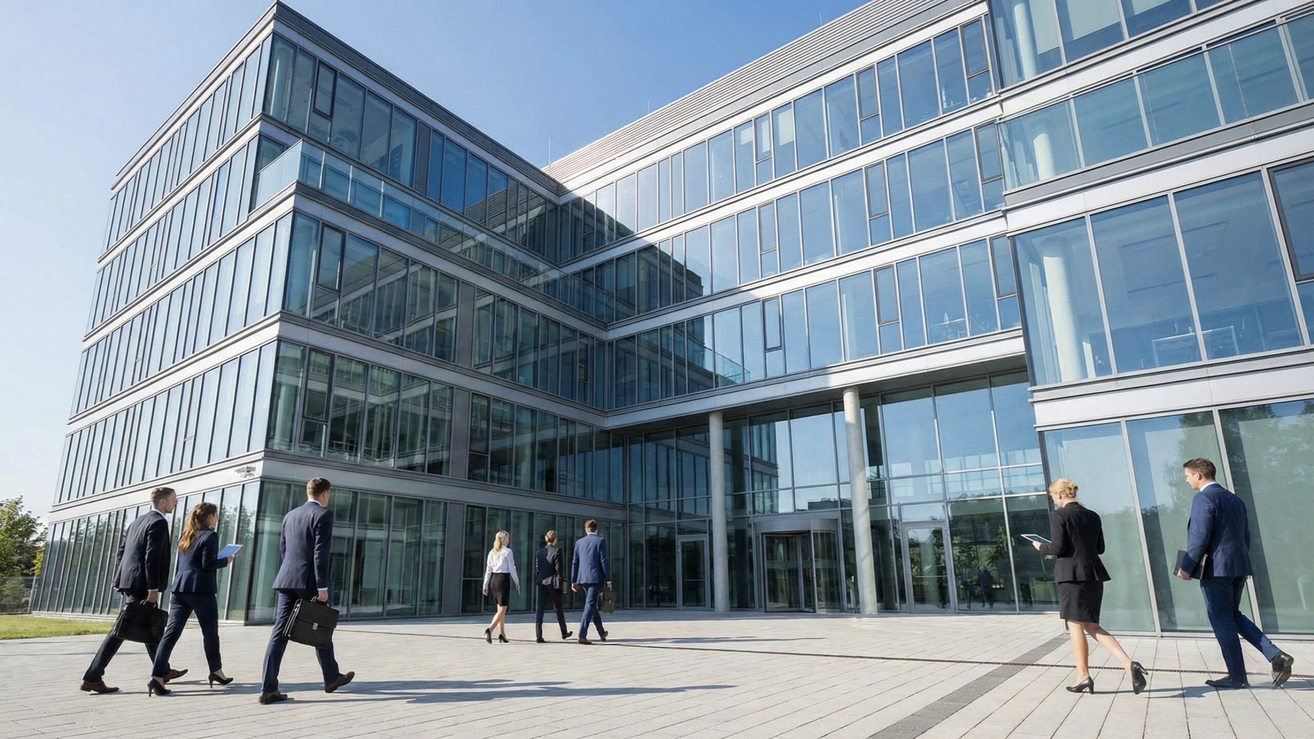 A modern commercial building with large glass windows and clean facade taken in daylight.