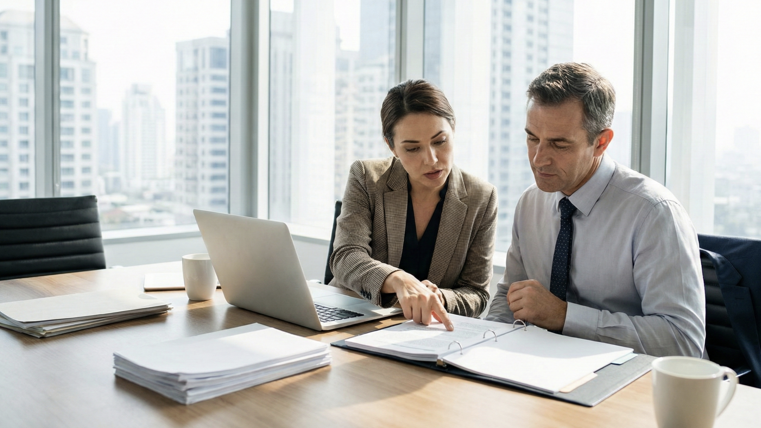 Business owner and HR advisor reviewing employee policy documents together in a modern office