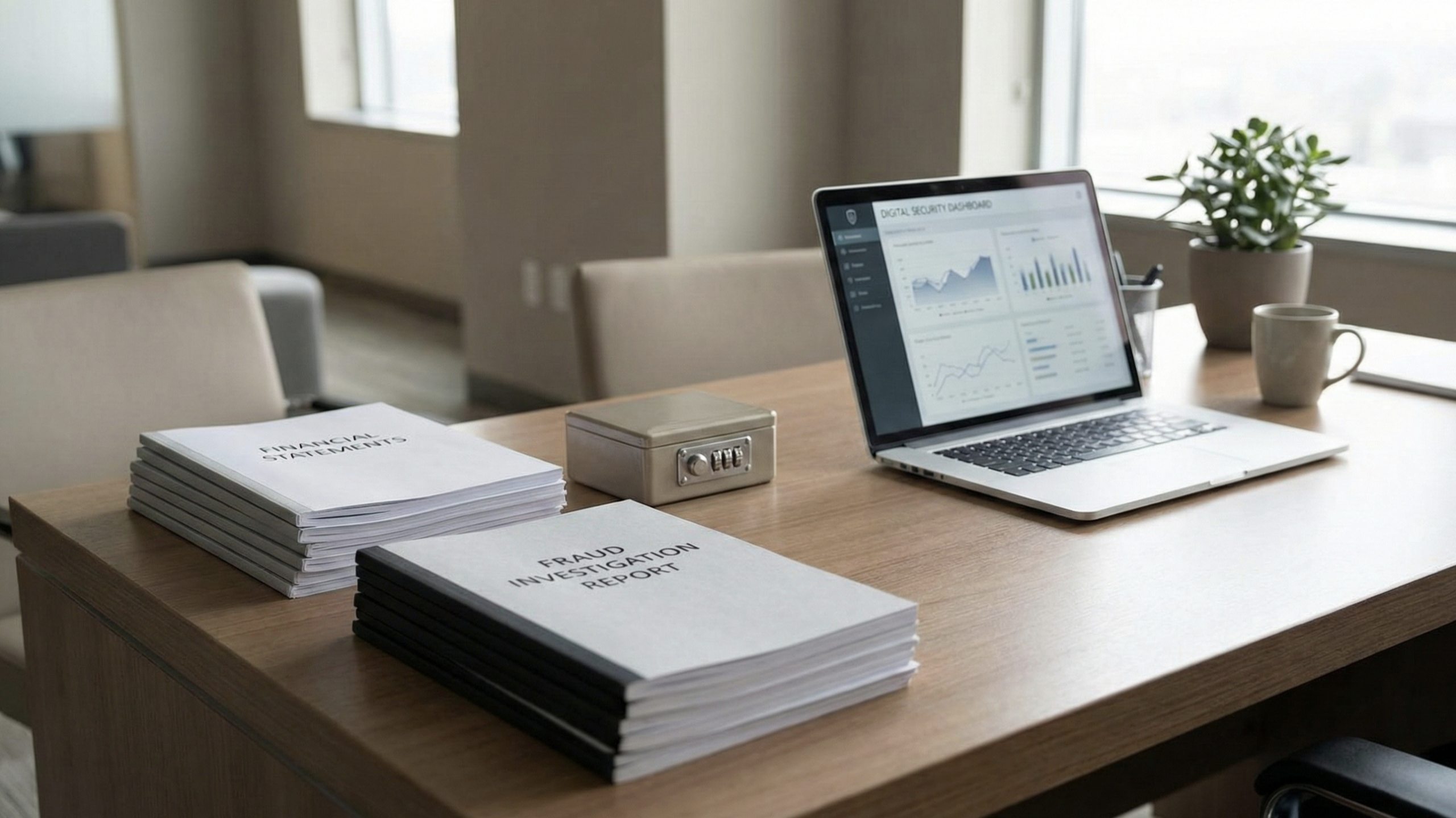 Business desk with financial documents, a secure lockbox, and a laptop showing a security dashboard.