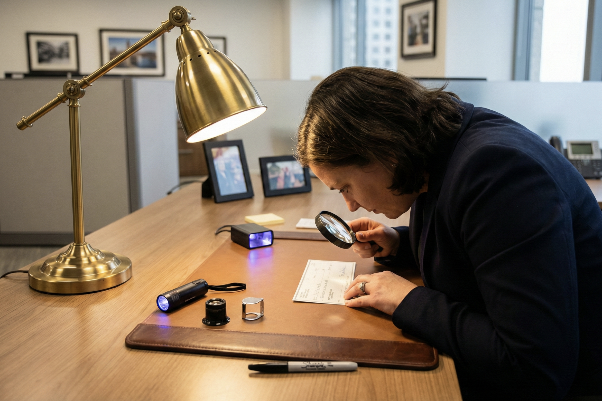 Person examining a suspicious check under a desk lamp with a magnifying glass and verification tools.