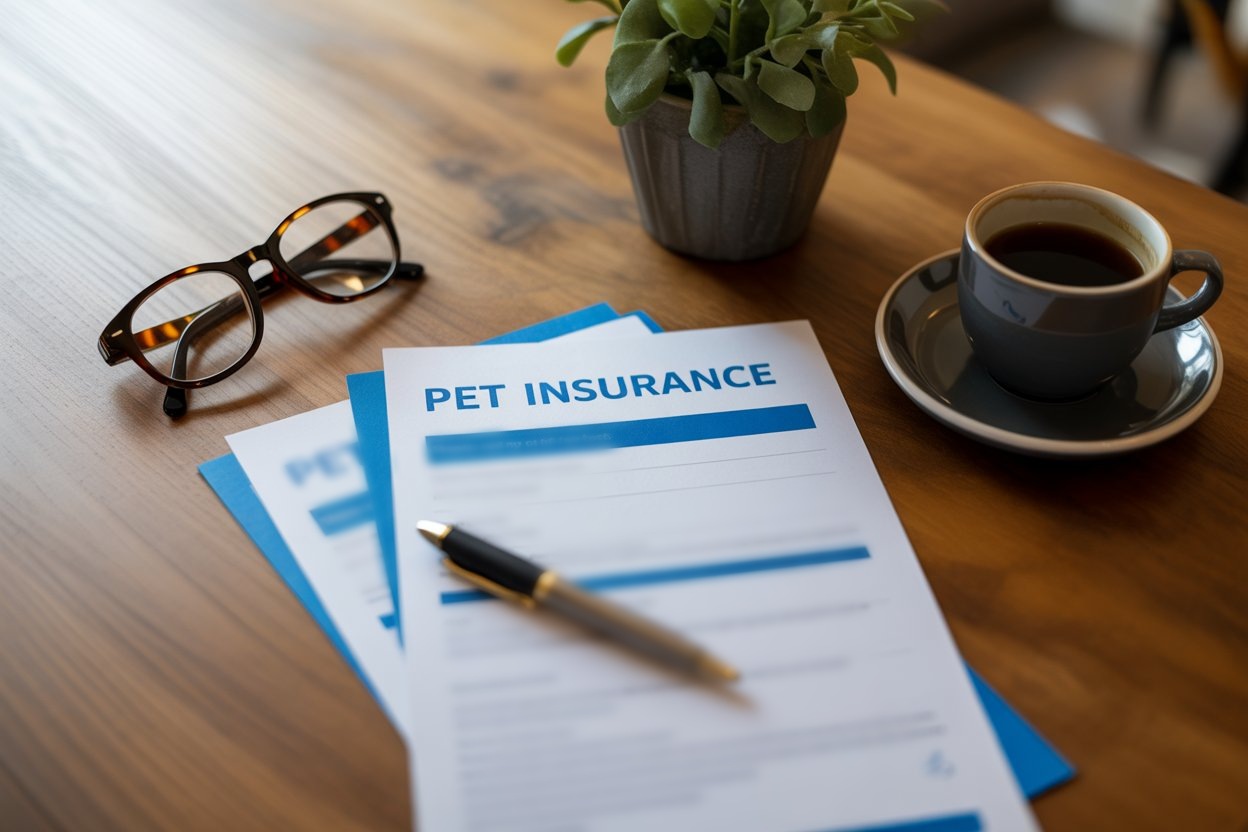 Pet insurance documents on a table with pen and coffee