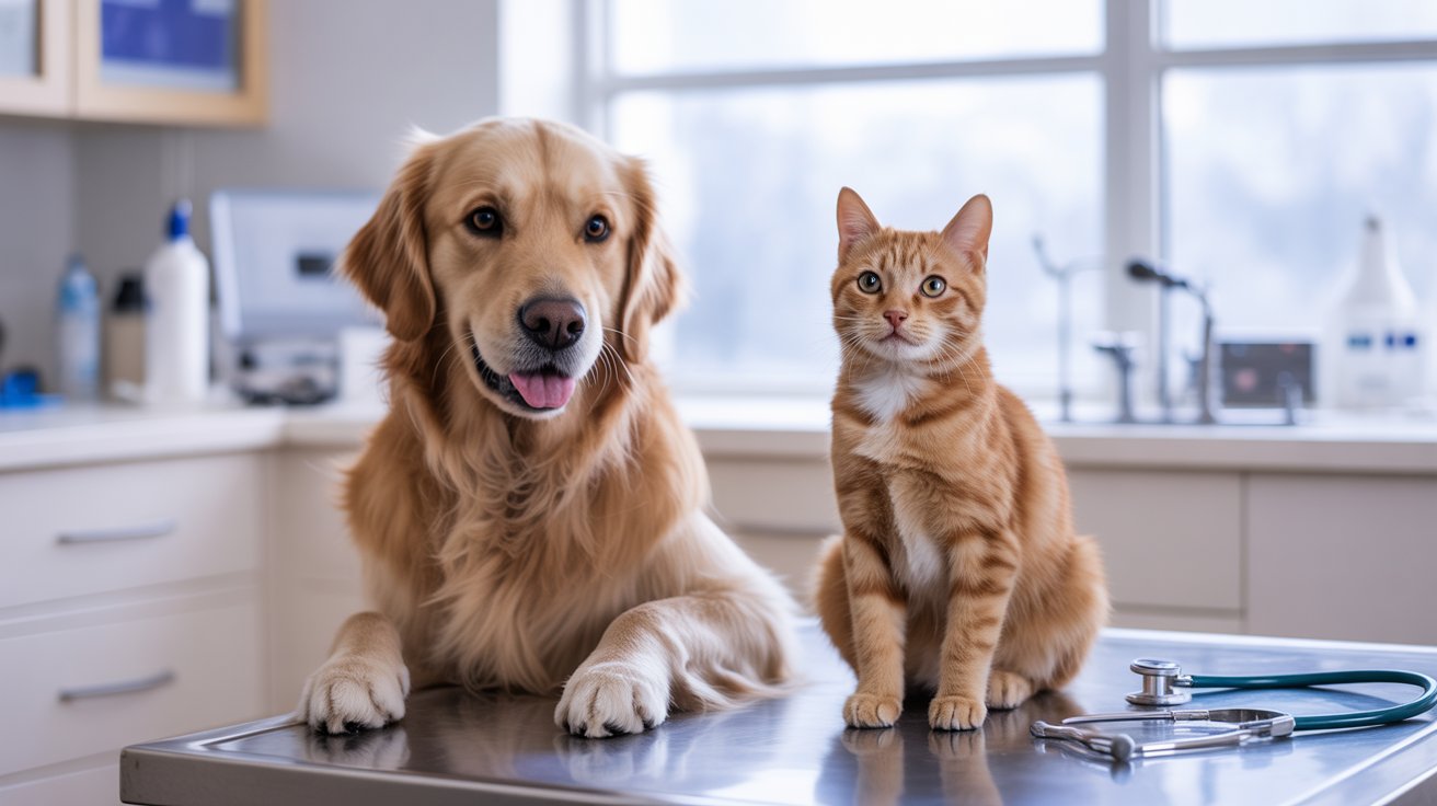 Happy dog and cat next to veterinarian desk