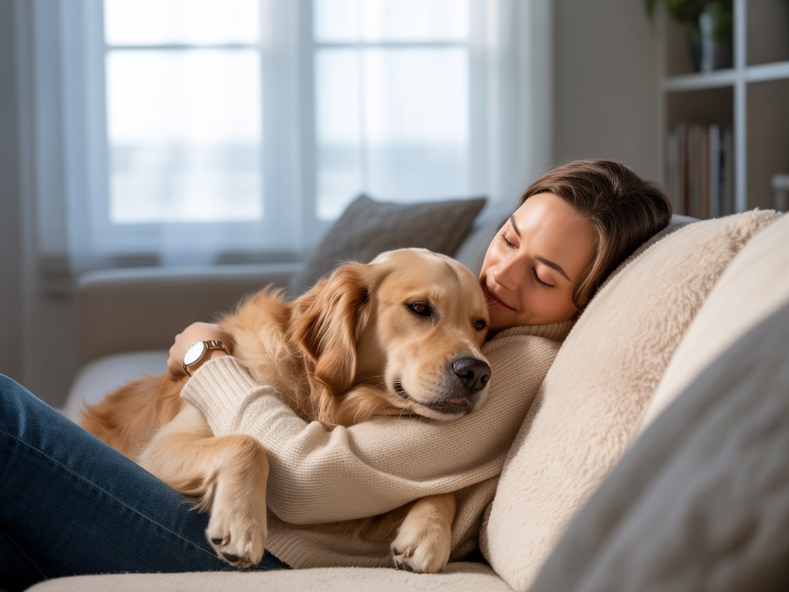 Pet owner cuddling their dog at home