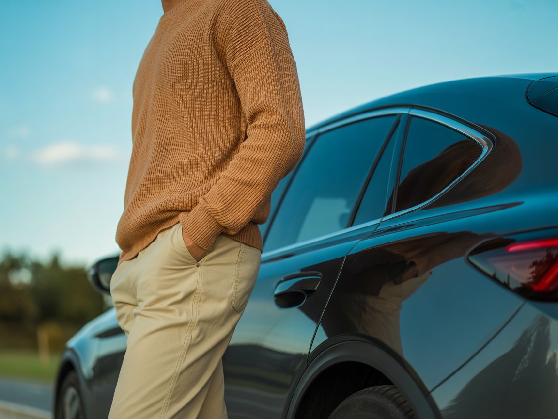 Driver standing beside a car with paperwork, demonstrating legal compliance