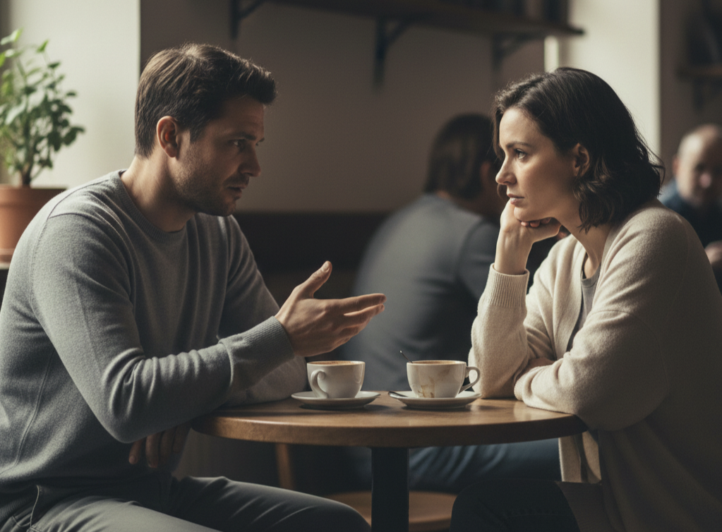 Two people having a calm conversation where an important realization finally sinks in