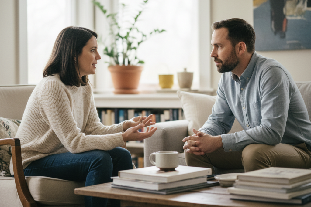 Two people having a calm conversation, representing open discussion without ego or age-based judgment