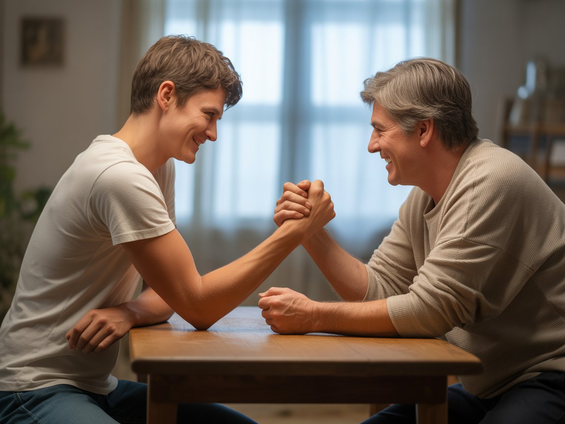 Two people arm wrestling casually indoors, showing respect, experience, and skill over age
