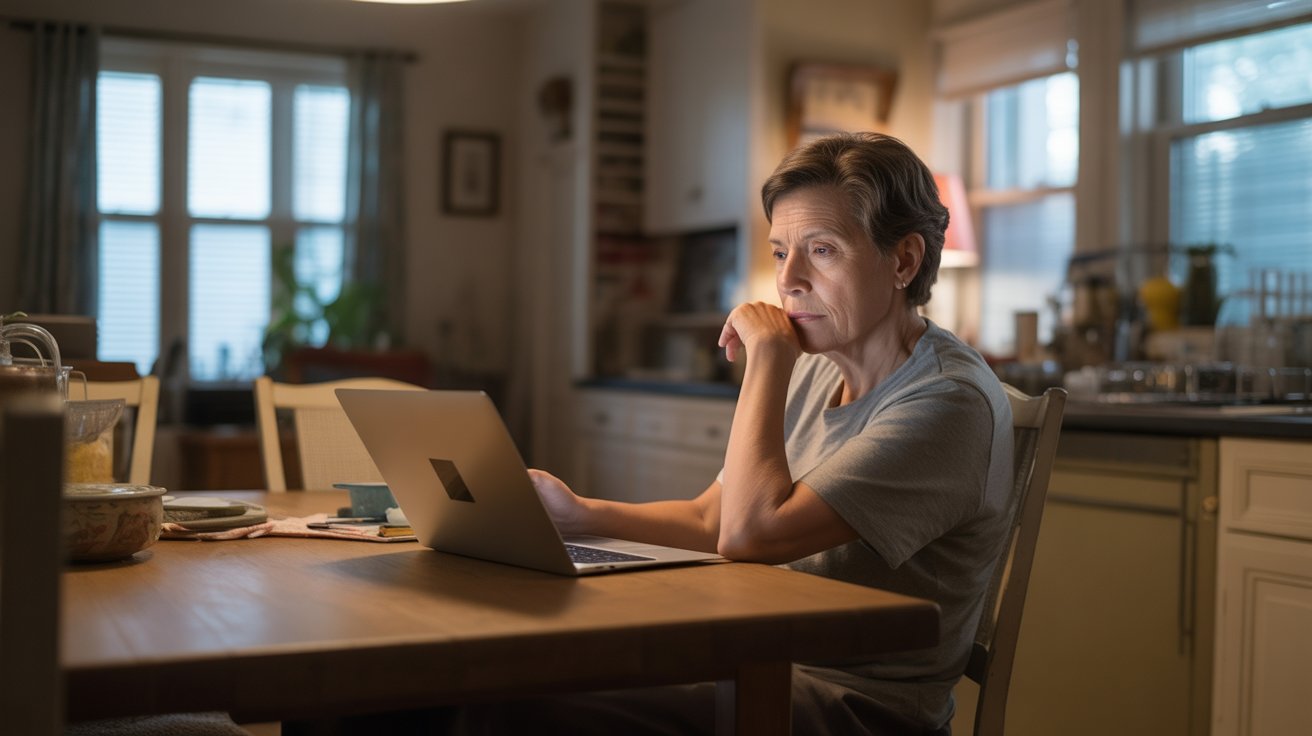 A middle-aged person sitting thoughtfully at home, reflecting on learning something new without embarrassment