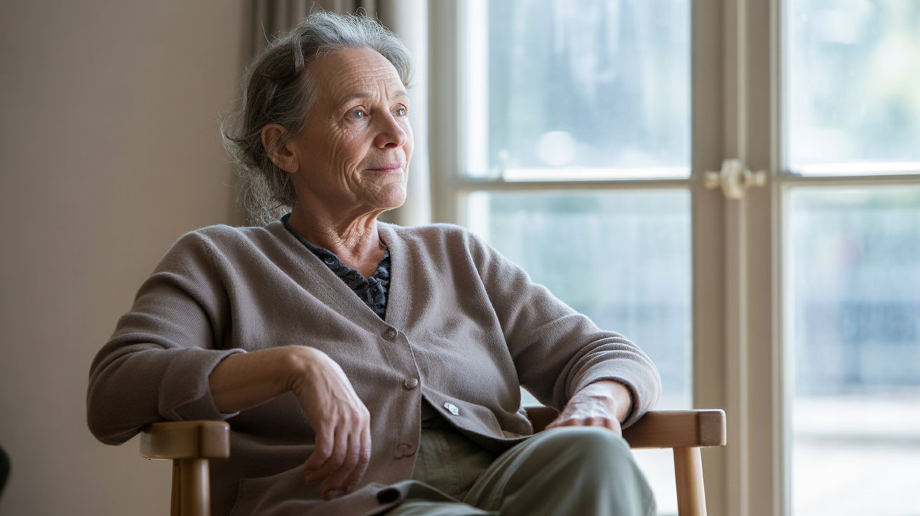 An older adult sitting quietly near a window, reflecting calmly on past decisions and life experience