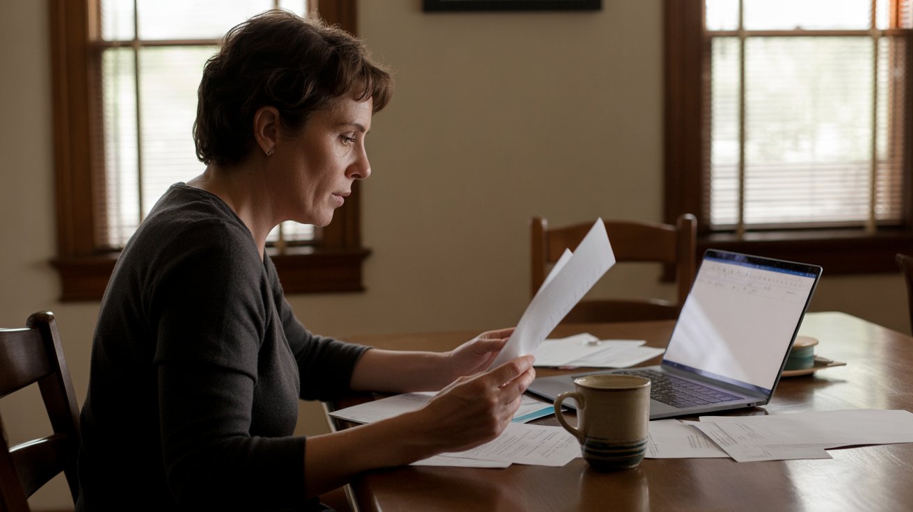 An adult sitting at a table with work items and paperwork, representing responsibility and decision-making phase of life