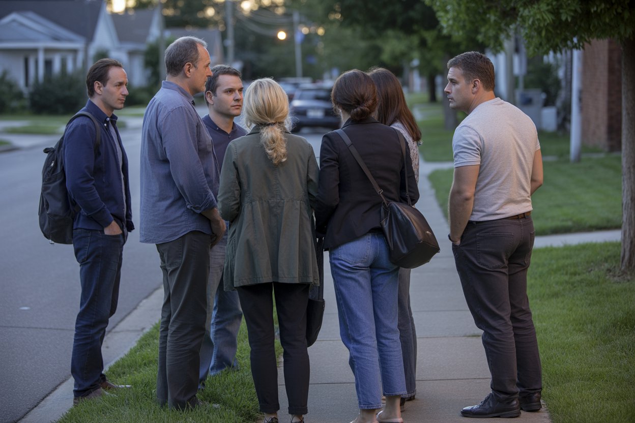 Small group of neighbors standing together discussing a serious situation